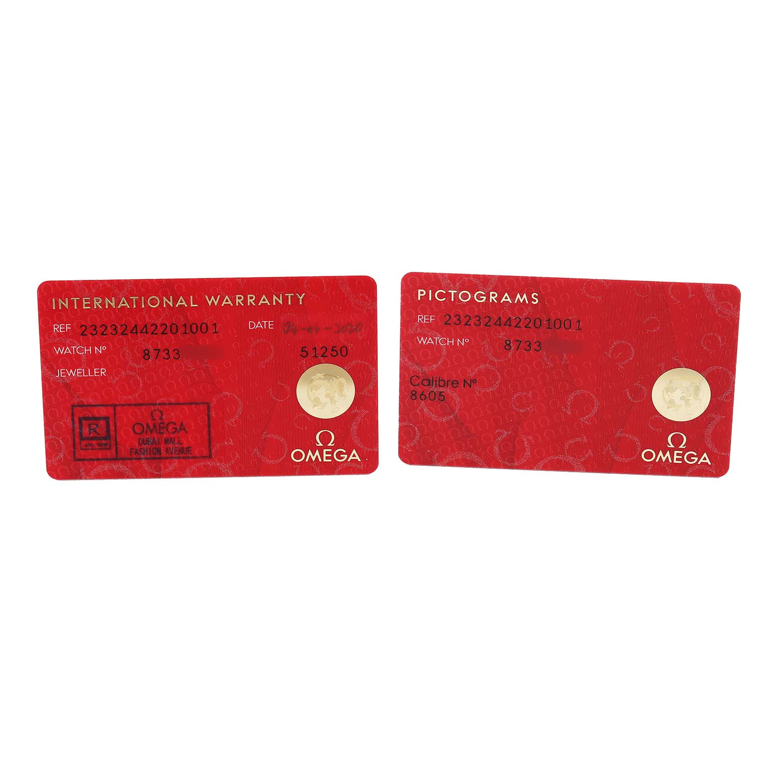 The image shows the International Warranty and Pictograms cards for the Omega Planet Ocean 232.32.44.22.01.001 Men's Stainless Steel Black Dial watch model.