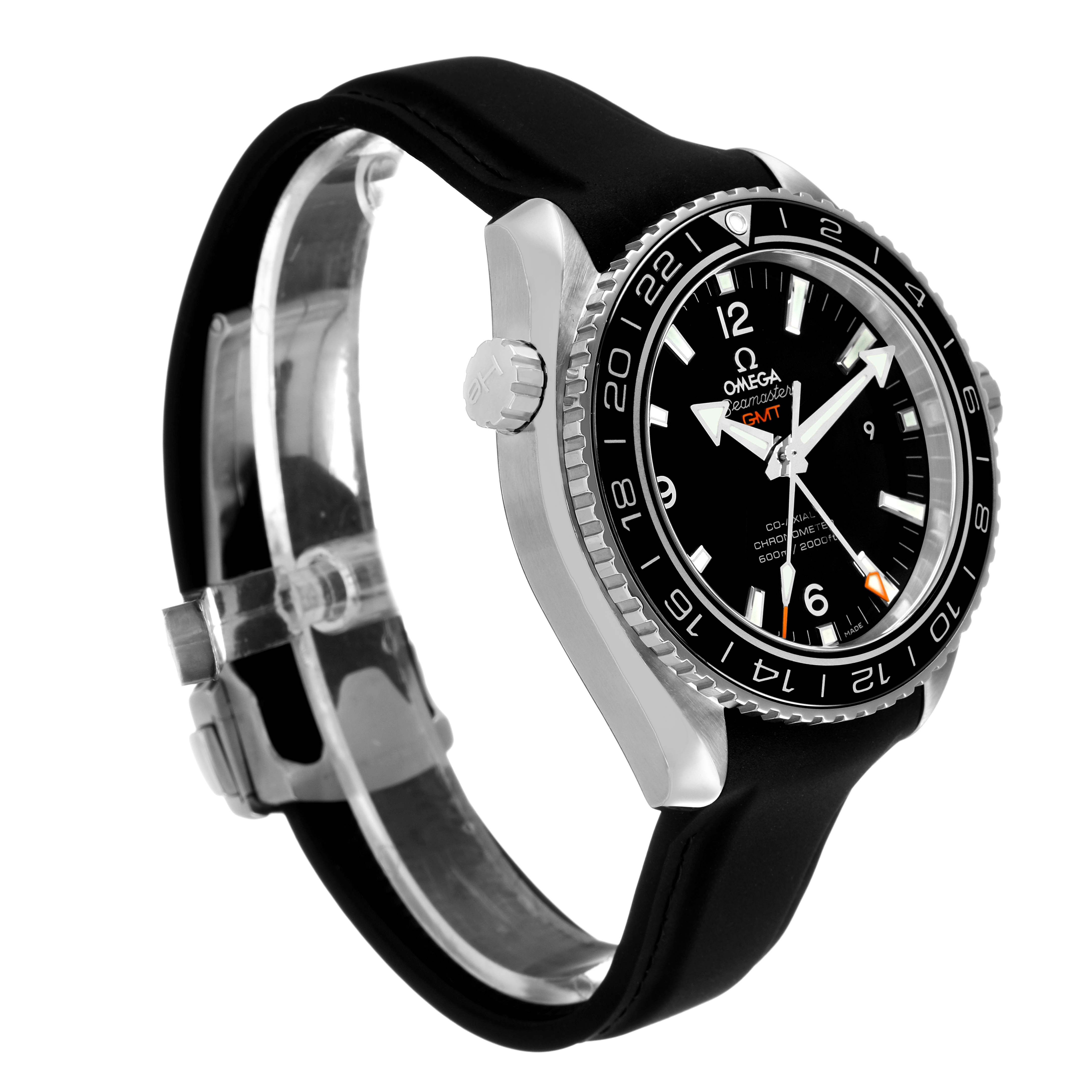 The Omega Planet Ocean 232.32.44.22.01.001 Men's Stainless Steel Black Dial watch is shown from a side angle, highlighting the bezel, crown, black dial, and black strap.