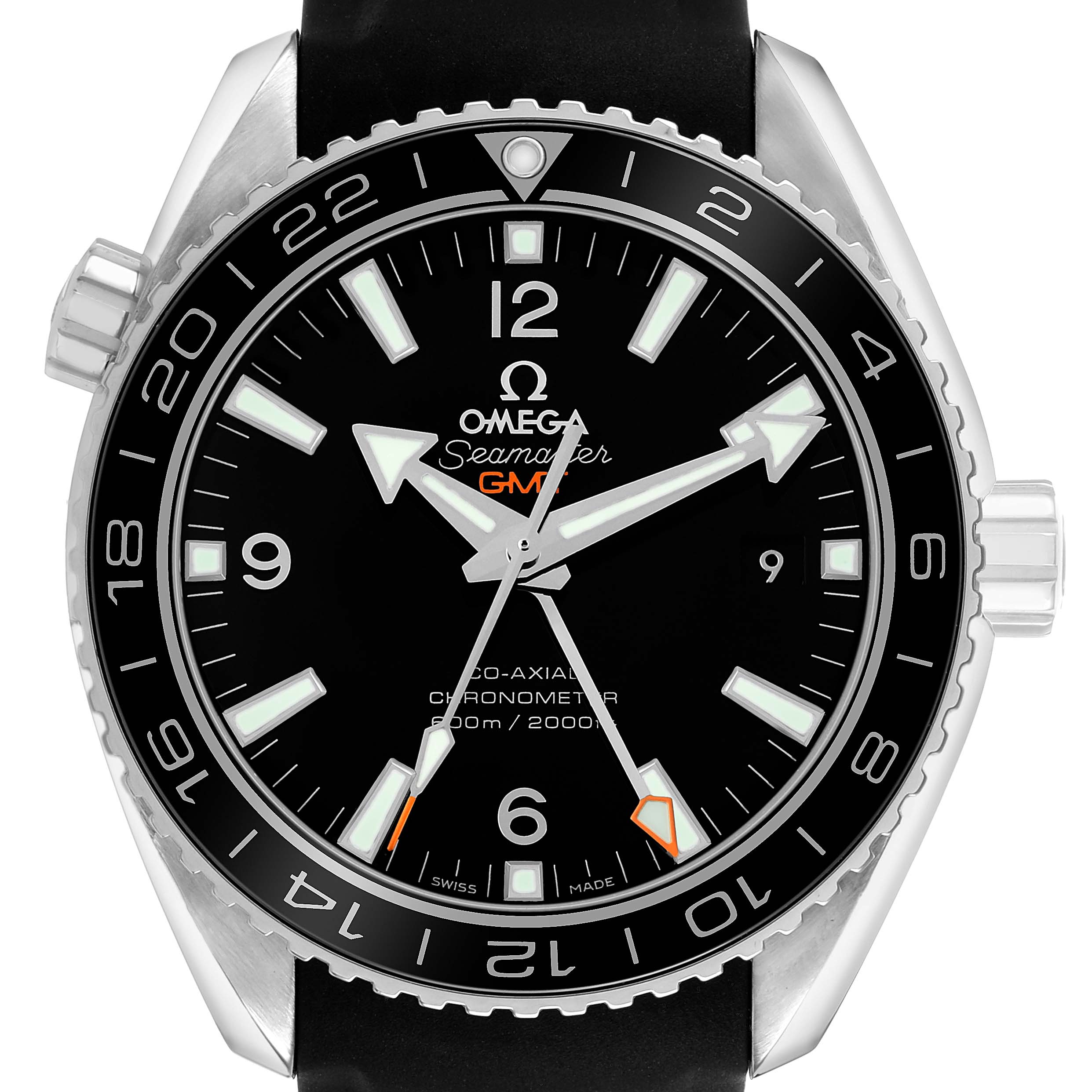 The Omega Planet Ocean 232.32.44.22.01.001 Men's Stainless Steel Black Dial watch is shown from a top-down angle, highlighting its dial, bezel, and crown.