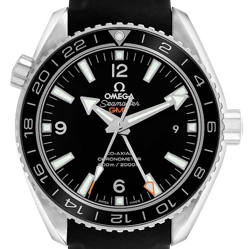 This Omega Planet Ocean 232.32.44.22.01.001 Men's Stainless Steel Black Dial watch is shown from a front angle, highlighting the bezel, dial, and hands.