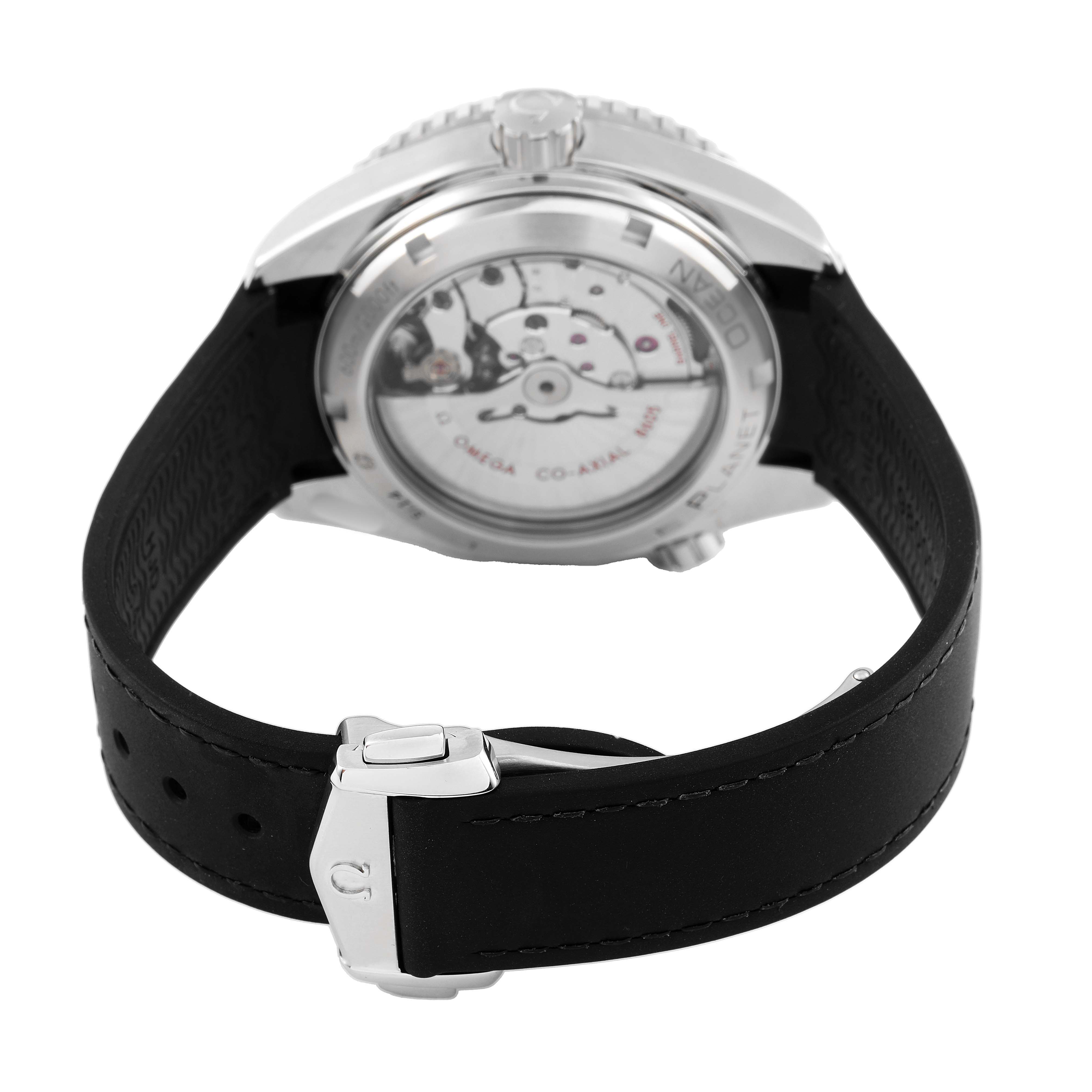 The Omega Planet Ocean 232.32.44.22.01.001 Men's Stainless Steel Black Dial watch is shown from the rear angle, displaying the back case and strap with a clear view of the movement.