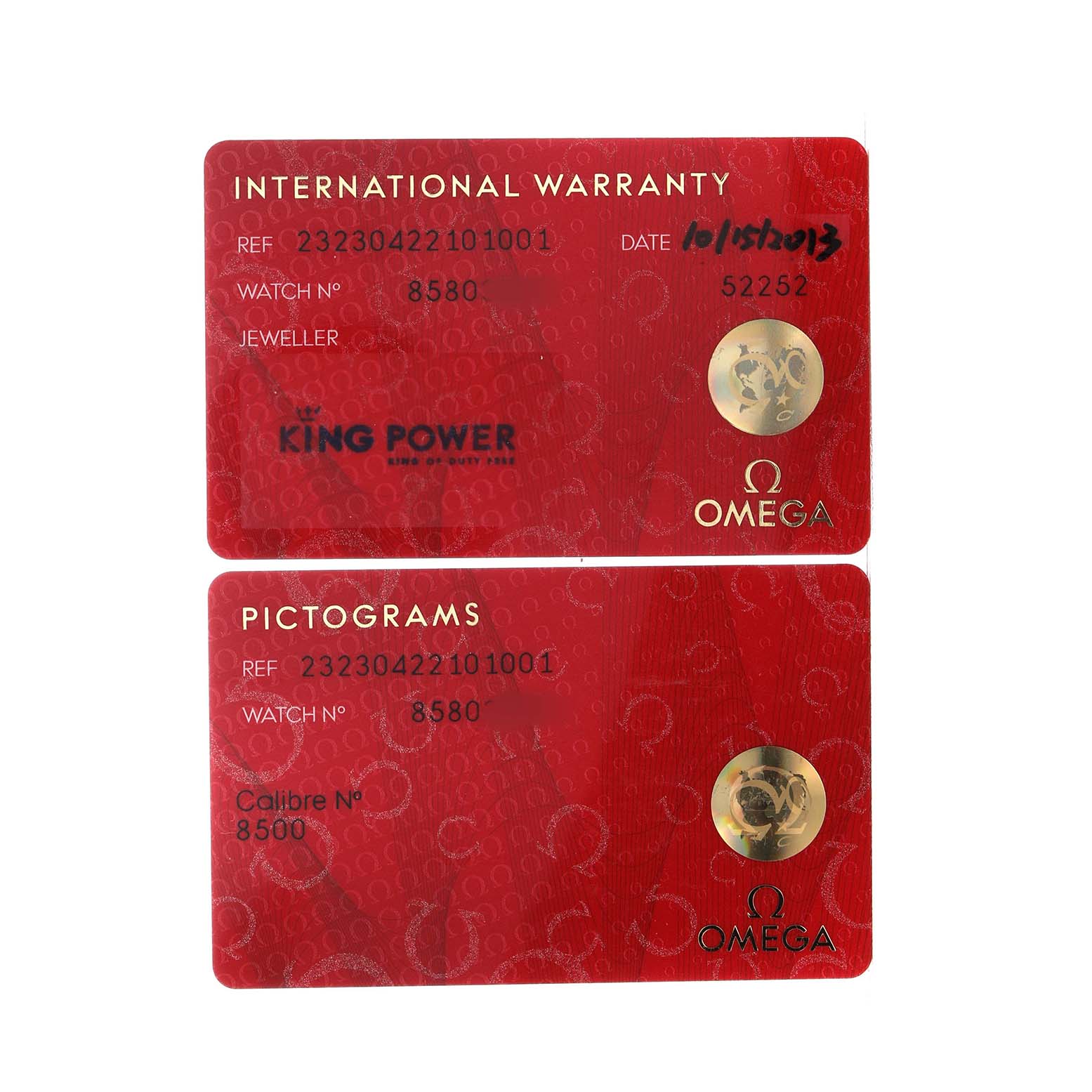 The image shows two red cards for the Omega Seamaster 232.30.42.21.01.001 Men's Stainless Steel Black Dial: an International Warranty card and a Pictograms card, with details and branding.