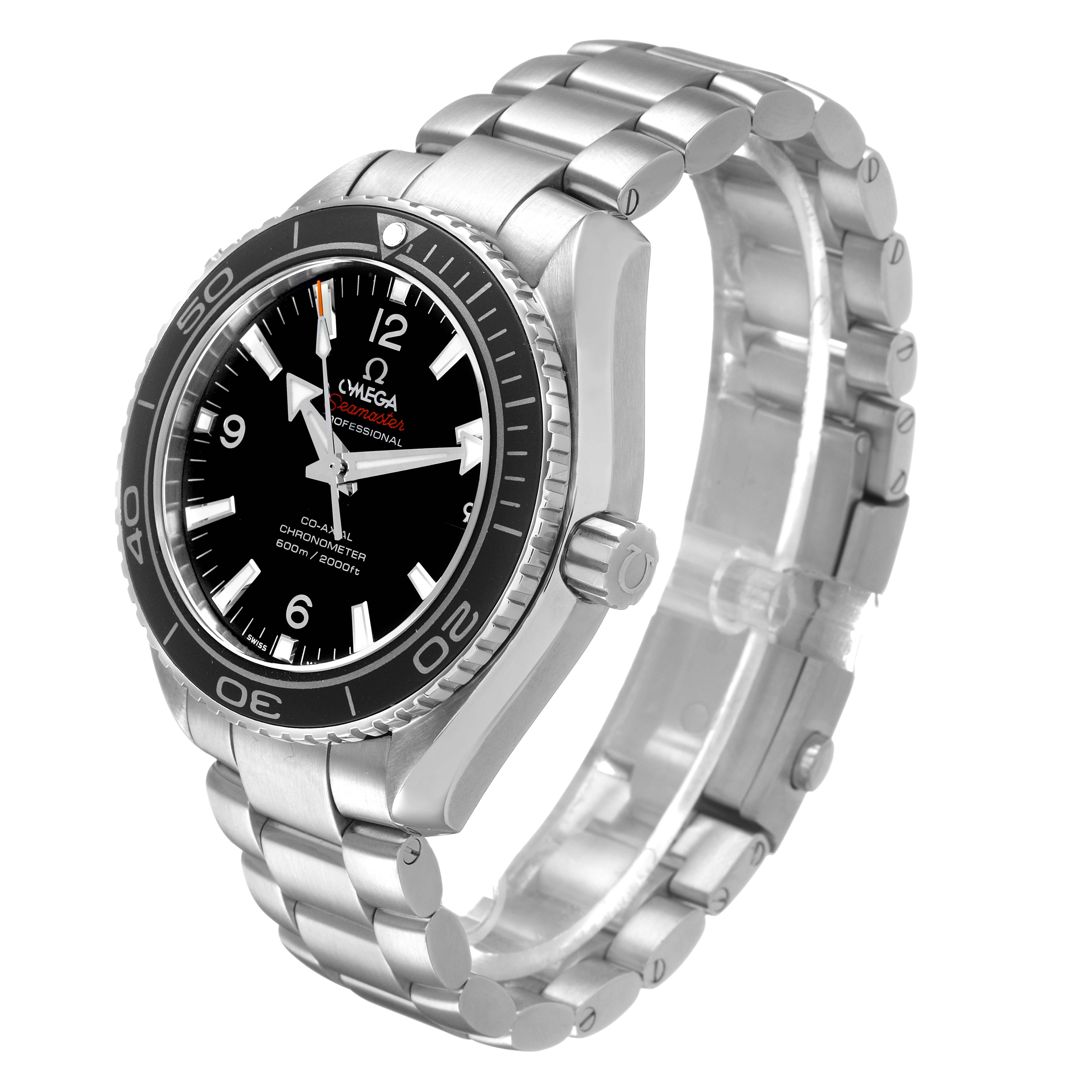 The Omega Seamaster 232.30.42.21.01.001 Men's Stainless Steel Black Dial watch is shown from a three-quarter angle, displaying the face, bezel, case, and bracelet.