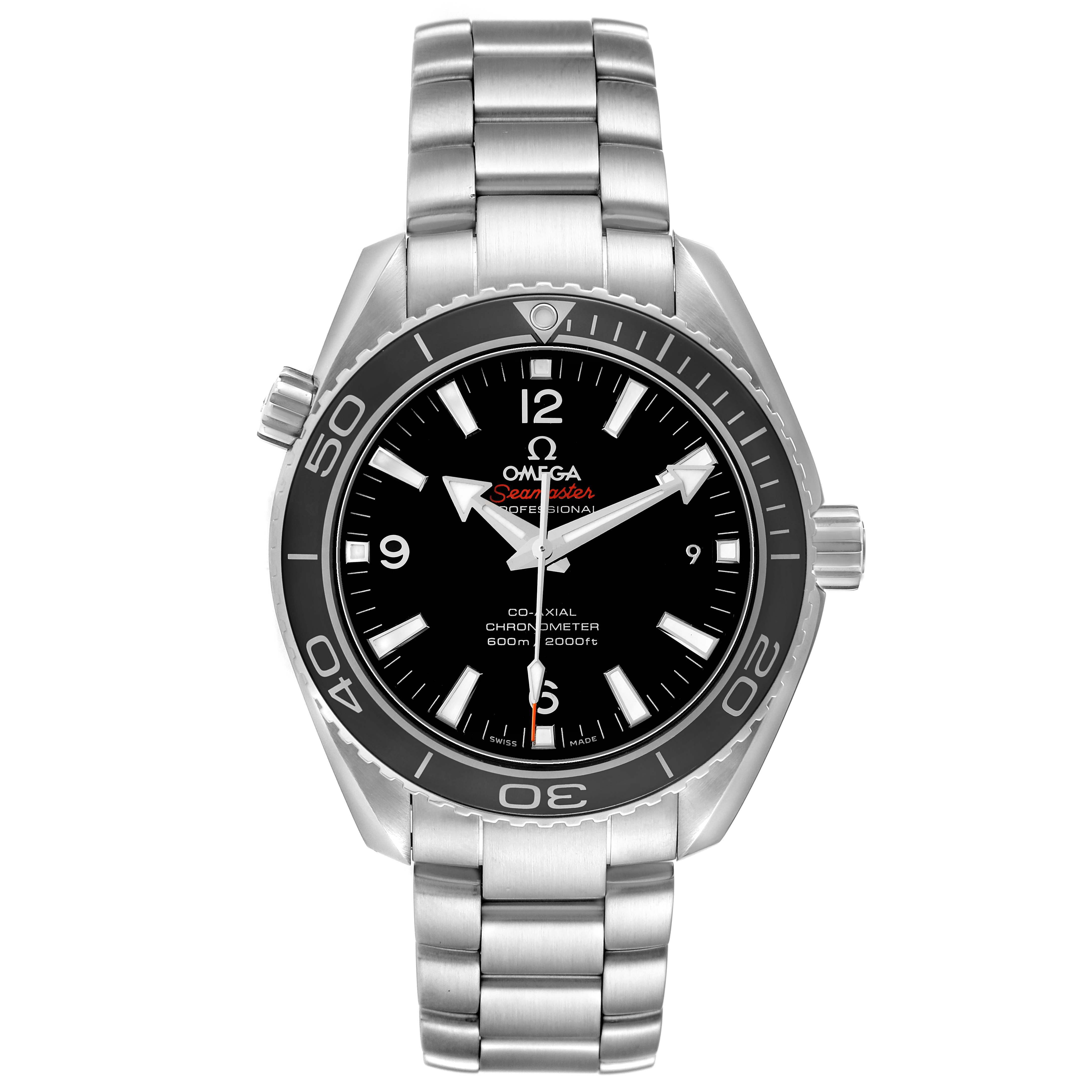 The image shows a frontal view of the Omega Seamaster 232.30.42.21.01.001 Men's Stainless Steel Black Dial watch, displaying the face, bezel, and stainless steel bracelet.