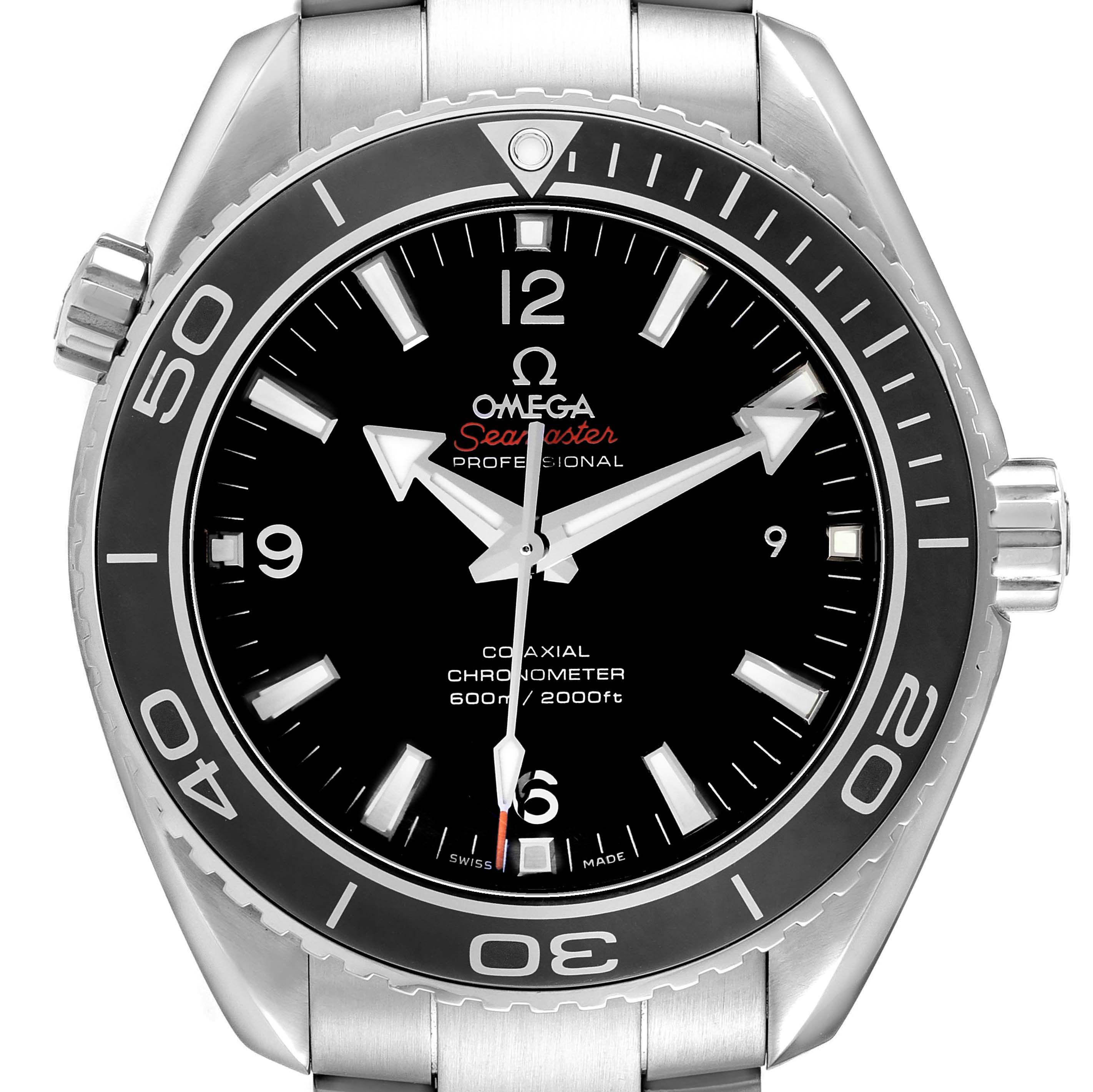 The Omega Planet Ocean 232.30.46.21.01.001 Men's Stainless Steel Black Dial watch is shown from a frontal view, displaying its bezel, dial, hands, and bracelet.