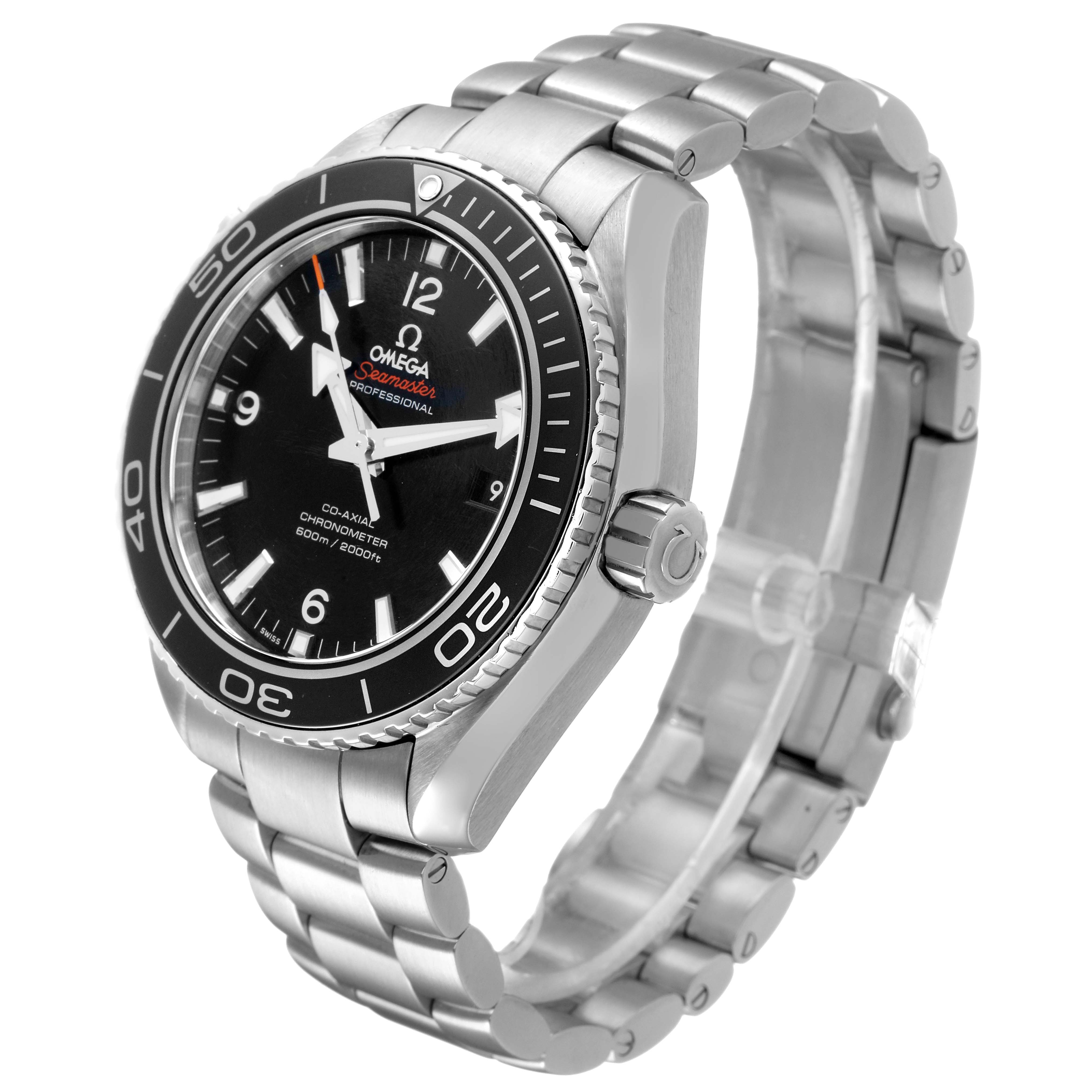 The Omega Planet Ocean 232.30.46.21.01.001 Men's Stainless Steel Black Dial watch is shown at a three-quarter angle, featuring the dial, bezel, crown, and stainless steel bracelet.