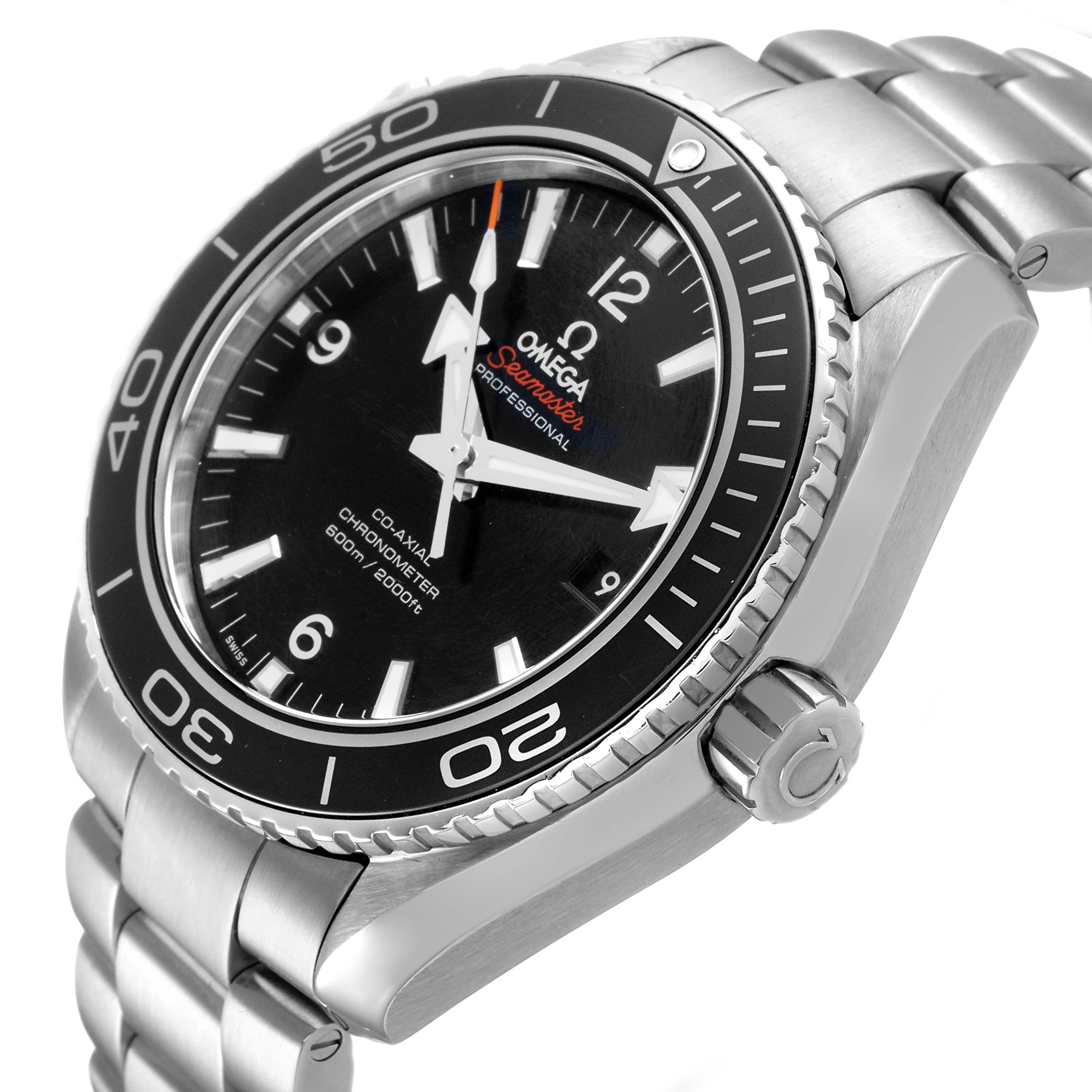 The Omega Planet Ocean 232.30.46.21.01.001 Men's Stainless Steel Black Dial watch is shown at an angle highlighting the face, bezel, and part of the bracelet.