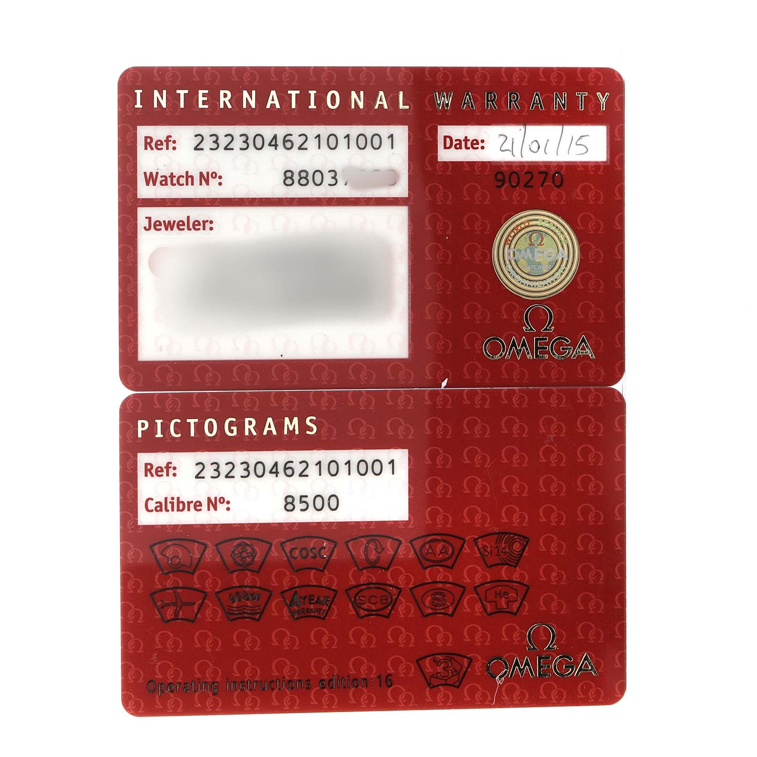 The image shows Omega Planet Ocean 232.30.46.21.01.001 Men's Stainless Steel Black Dial International Warranty and Pictograms cards, displaying watch details and authenticity.