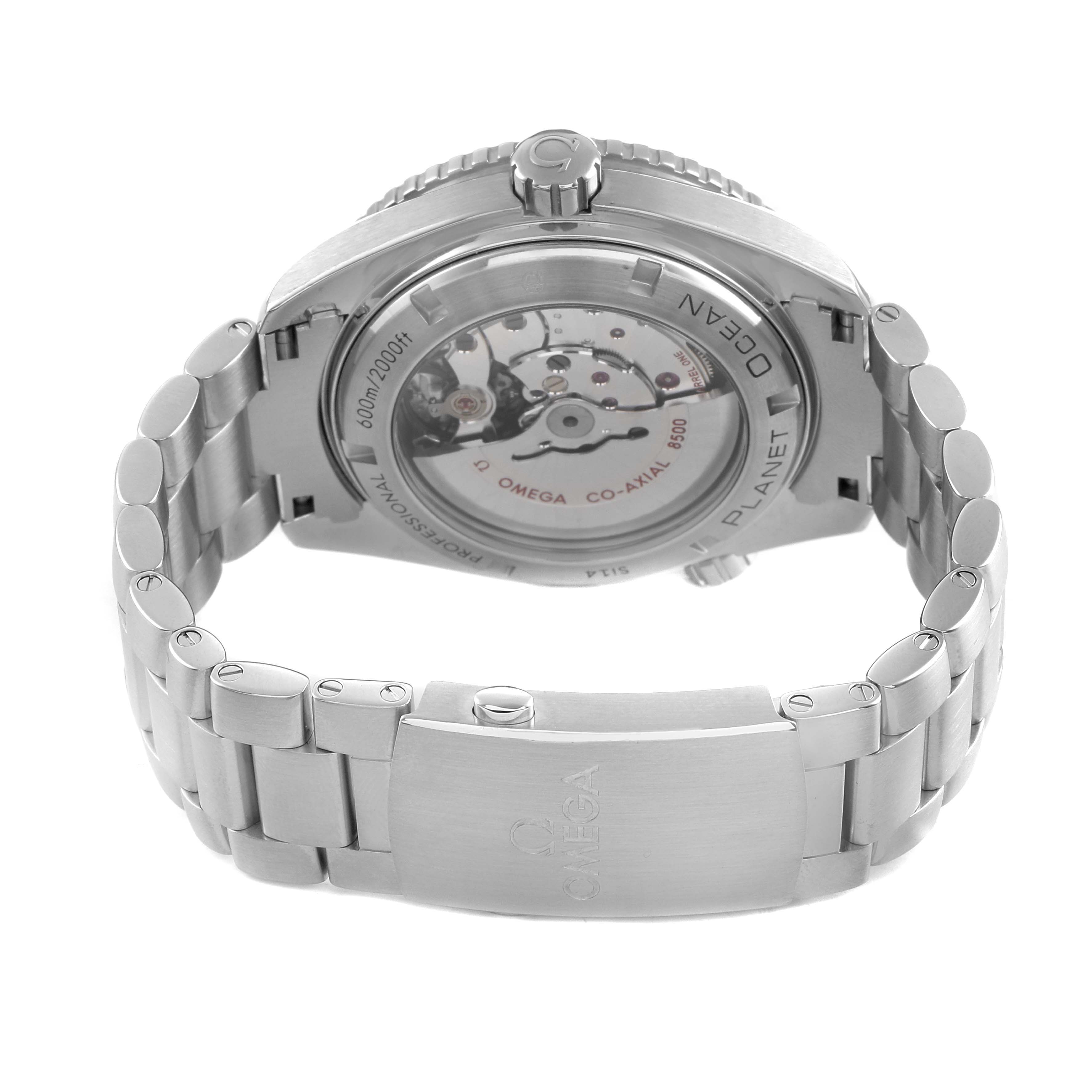 The Omega Planet Ocean 232.30.46.21.01.001 Men's Stainless Steel Black Dial watch is shown from the back, highlighting the case back and bracelet clasp.