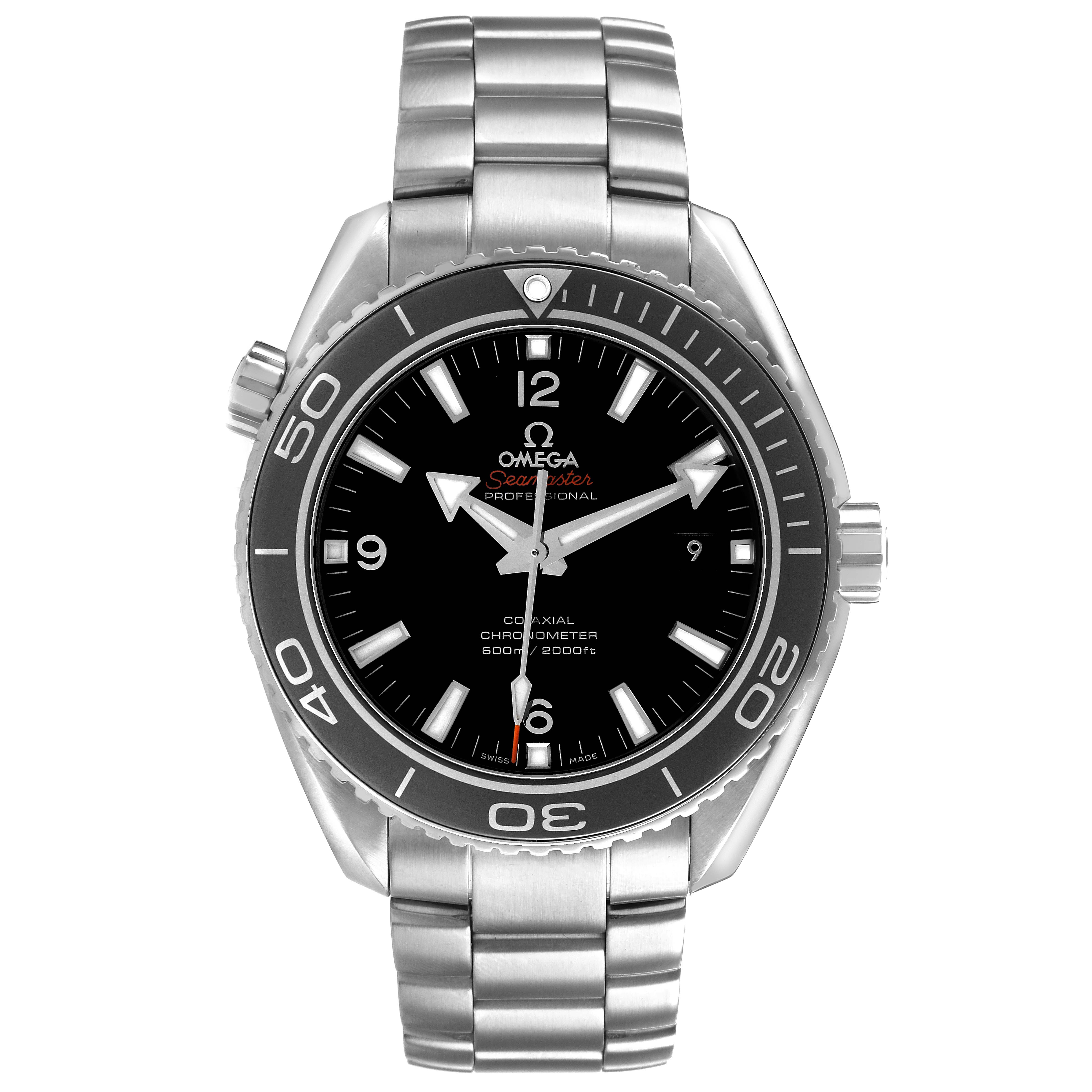 The Omega Planet Ocean 232.30.46.21.01.001 Men's Stainless Steel Black Dial watch is shown from the front, displaying the dial, bezel, hands, and bracelet.