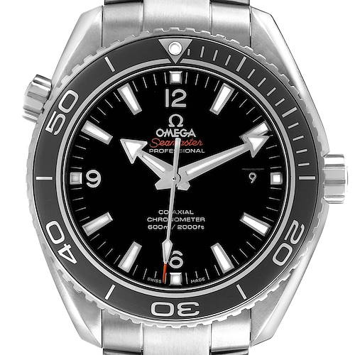 The Omega Planet Ocean 232.30.46.21.01.001 Men's Stainless Steel Black Dial watch is shown from a front angle, highlighting the face, bezel, and bracelet.