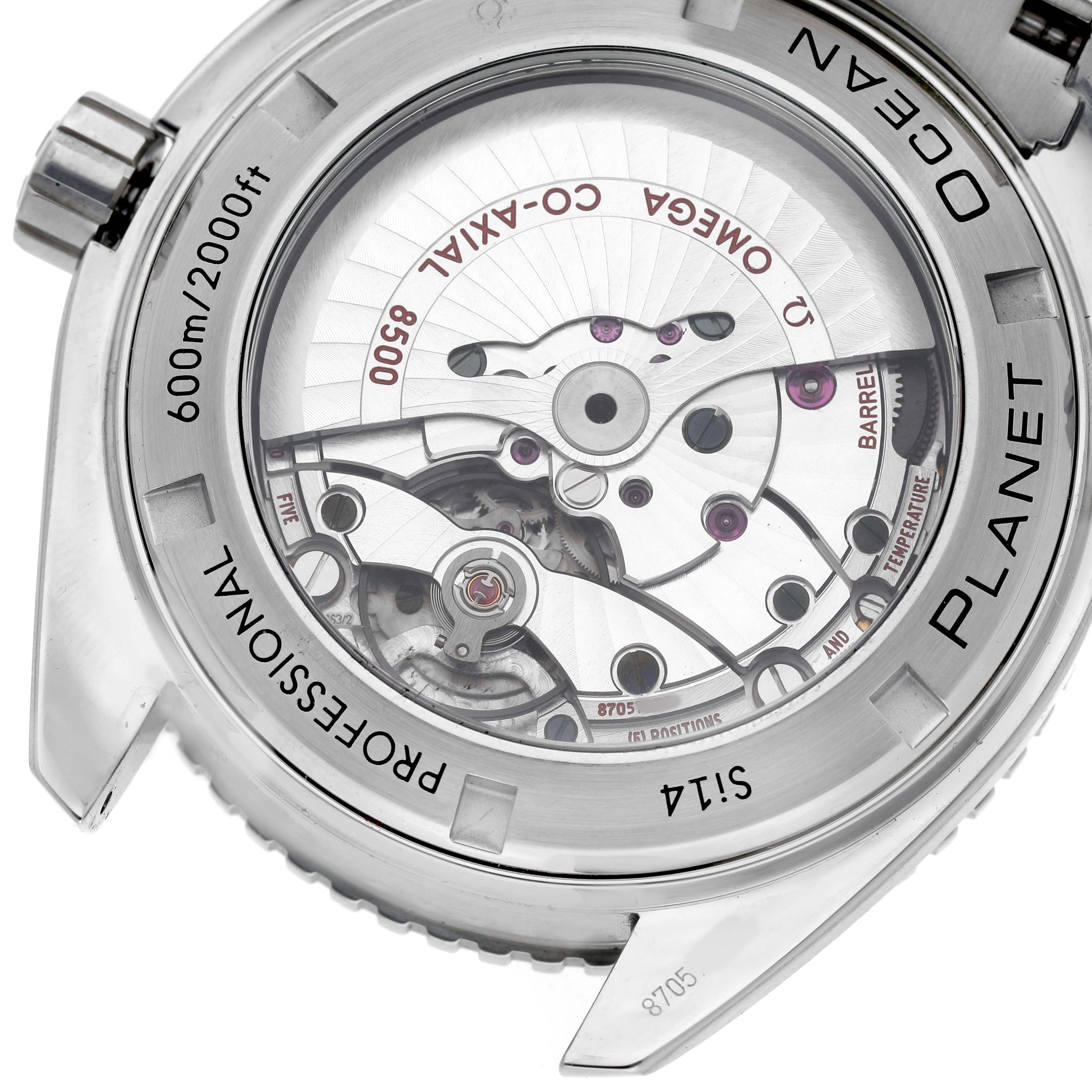 The image shows the back of the Omega Planet Ocean 232.30.46.21.01.001 Men's Stainless Steel Black Dial model, highlighting its movement and transparent case back.