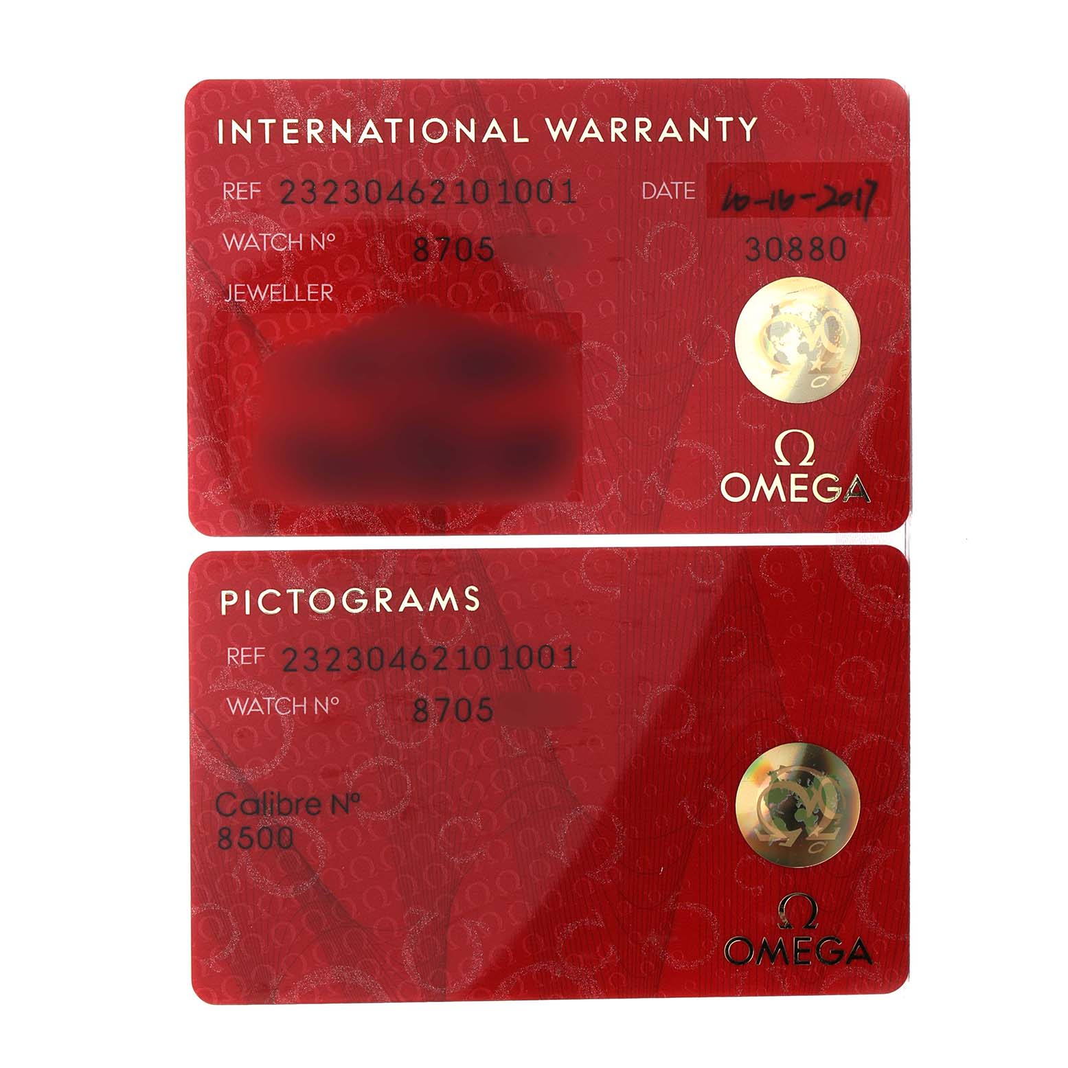 The image shows two Omega cards: an International Warranty and a Pictograms card for the Planet Ocean model.