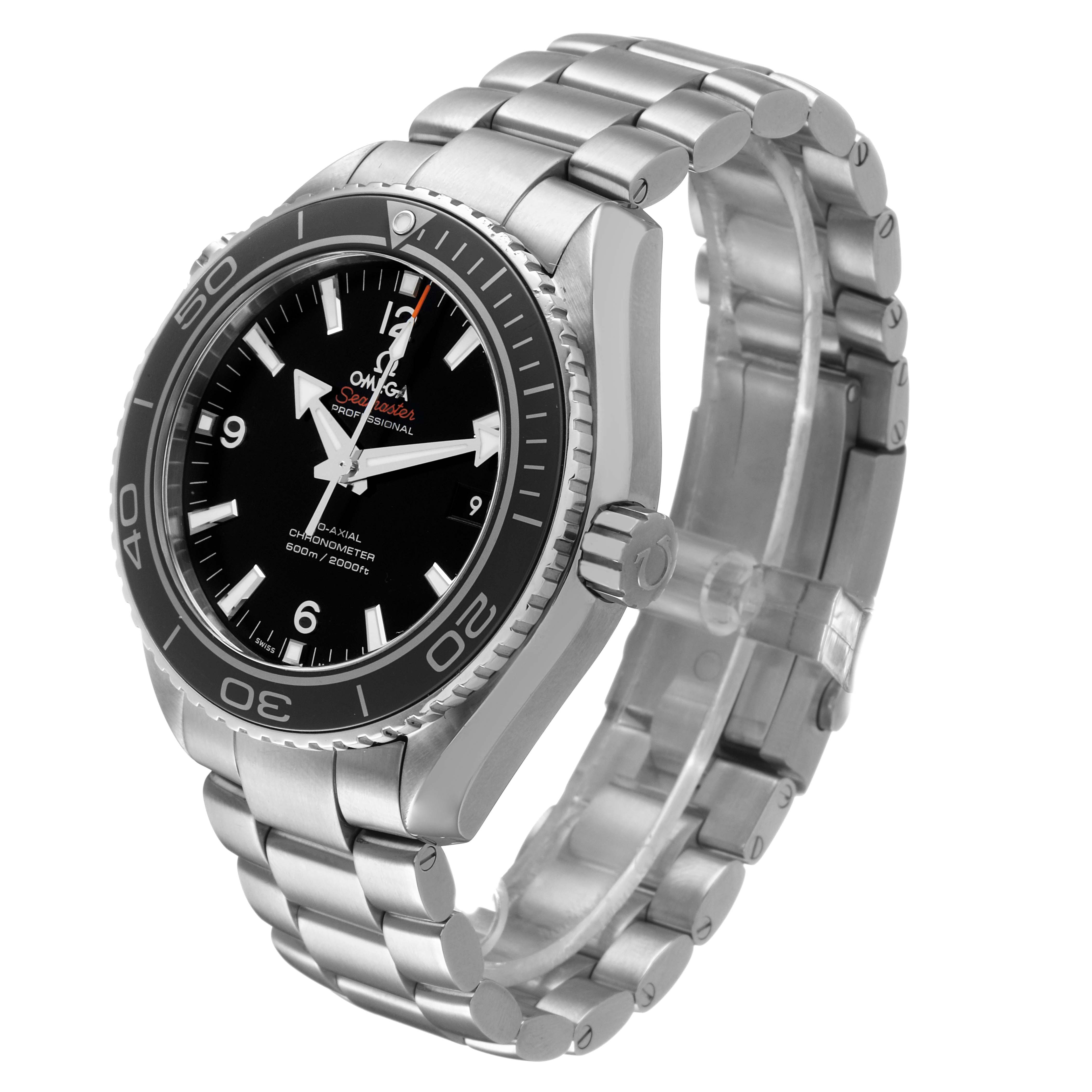 The Omega Planet Ocean 232.30.46.21.01.001 Men's Stainless Steel Black Dial watch is shown at a three-quarter angle, highlighting the face, bezel, crown, and metal bracelet.
