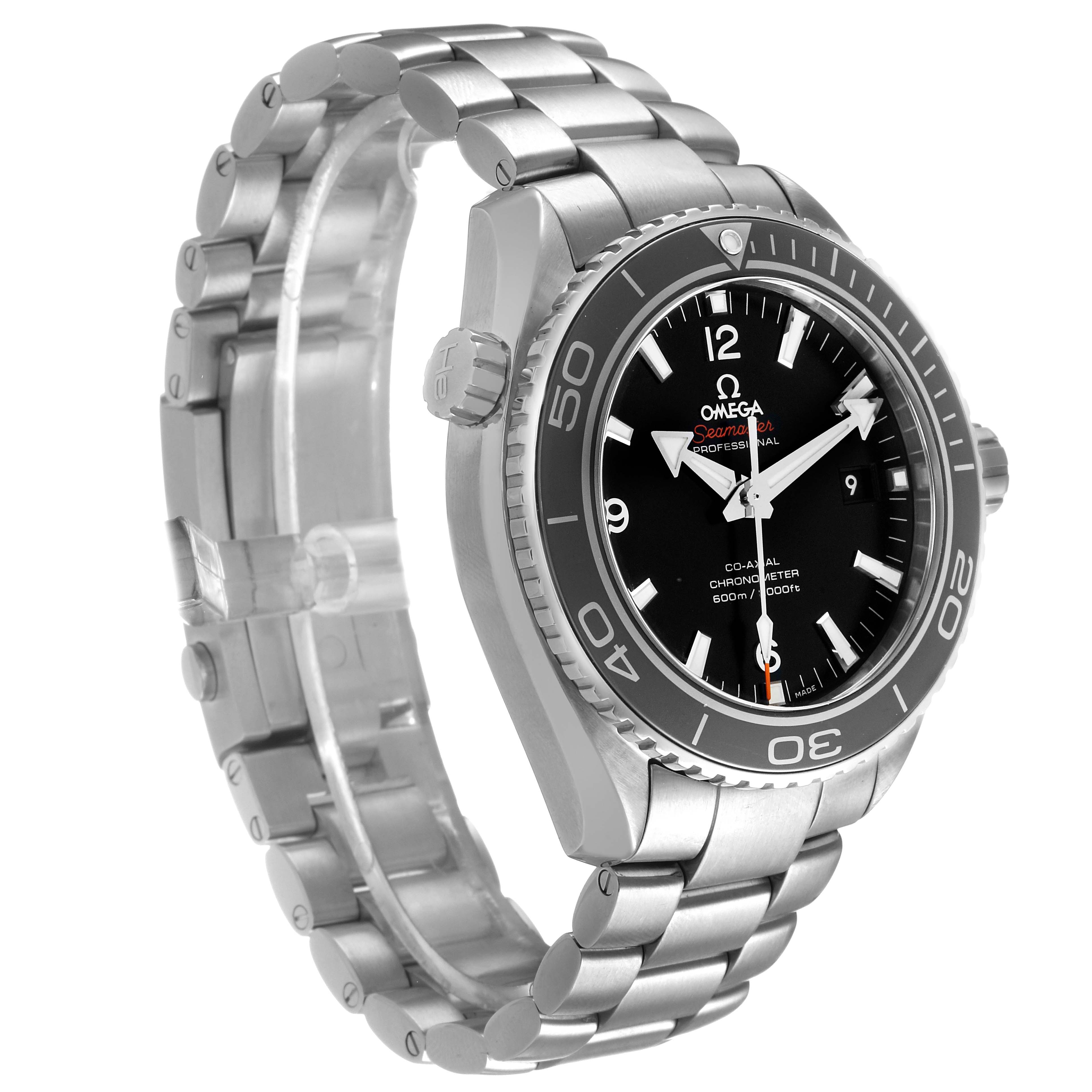The Omega Planet Ocean 232.30.46.21.01.001 Men's Stainless Steel Black Dial watch is shown at a three-quarter angle, highlighting the bracelet, case, bezel, and crown.
