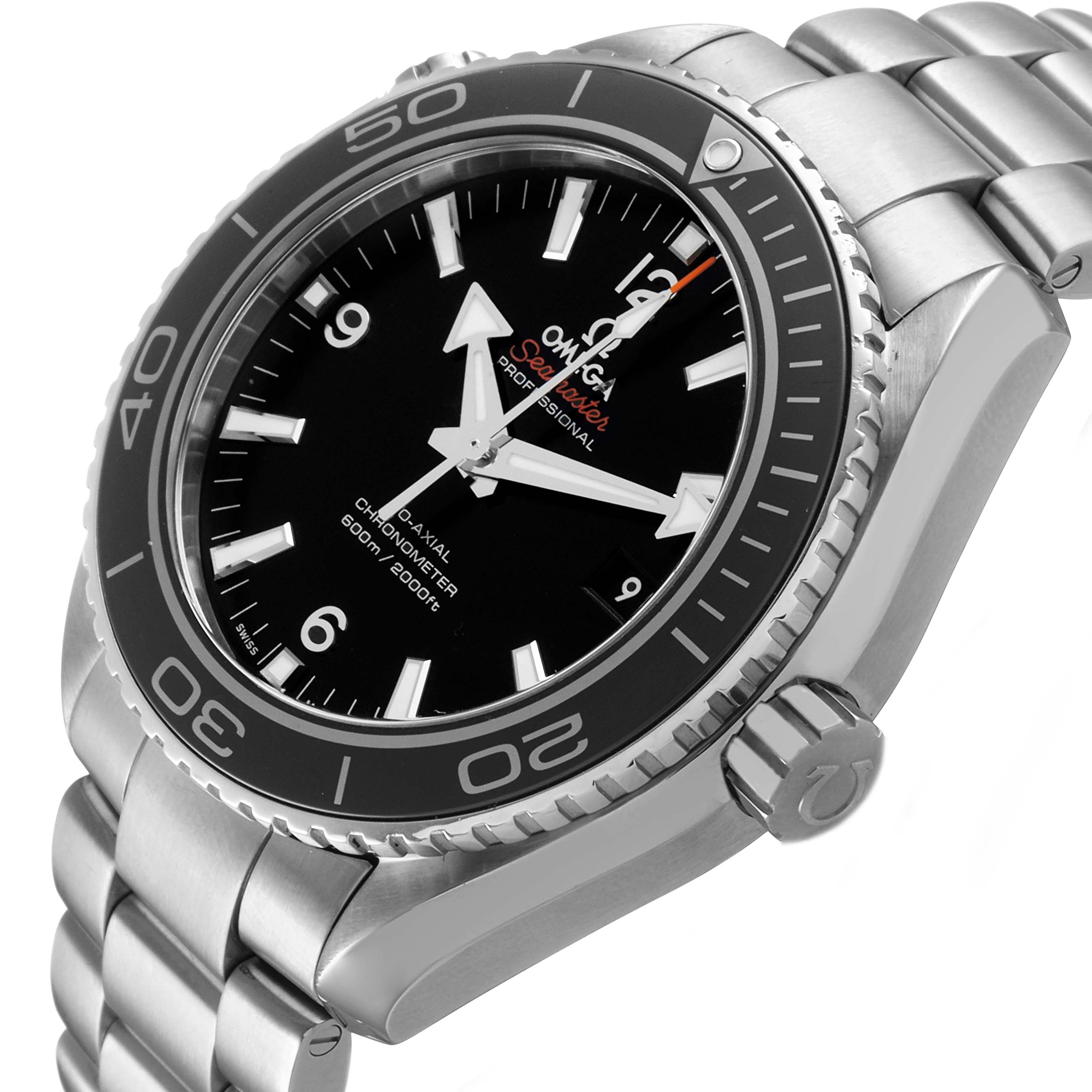 The Omega Planet Ocean 232.30.46.21.01.001 Men's Stainless Steel Black Dial watch is shown at a slight angle, highlighting the face, bezel, and bracelet.
