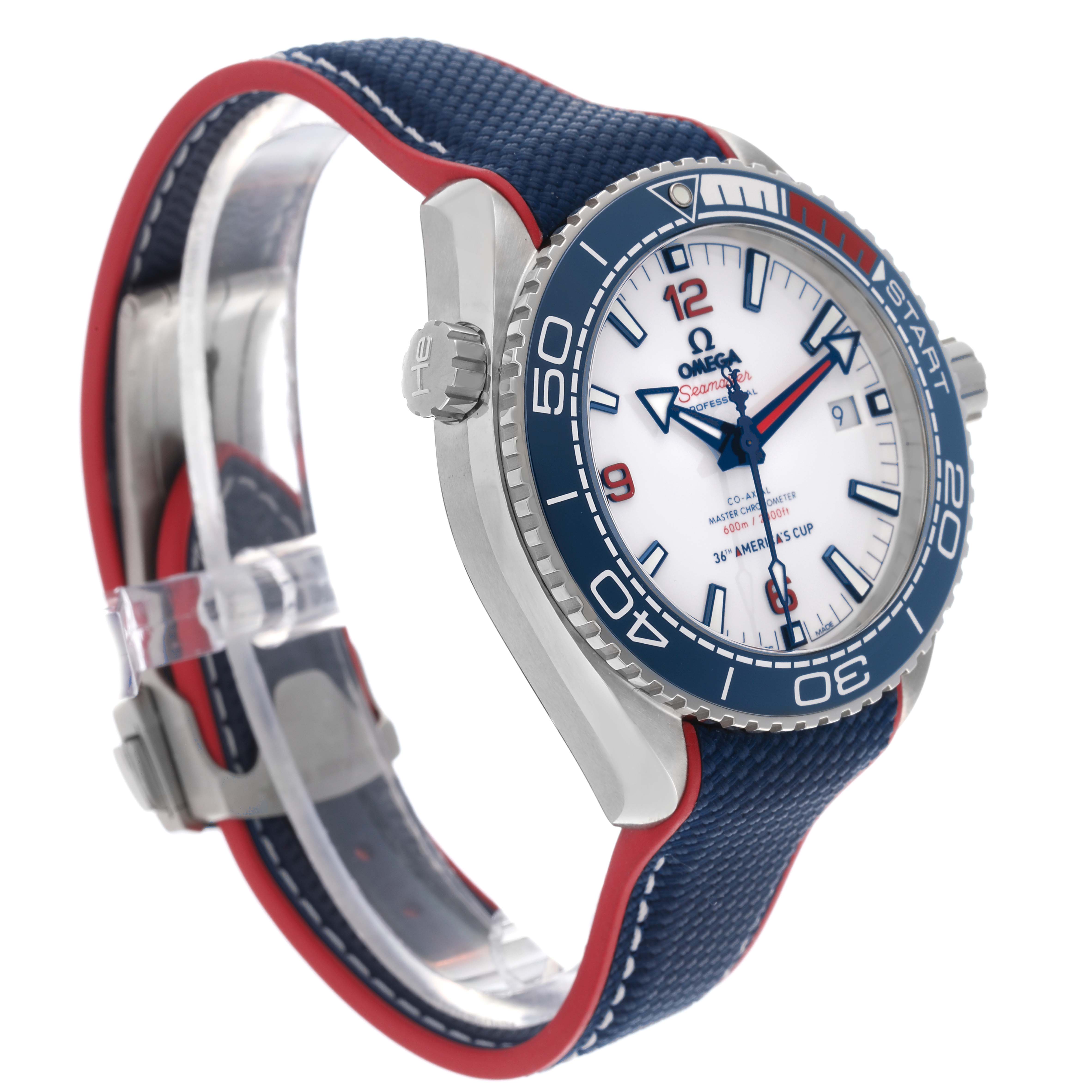 The Omega Planet Ocean 215.32.43.21.04.001 Men's Stainless Steel White Dial 215.32.43.21.04.001 Men's Stainless Steel White Dial watch is shown at an angled side view, highlighting the bezel, crown, dial, and blue strap with red accents.