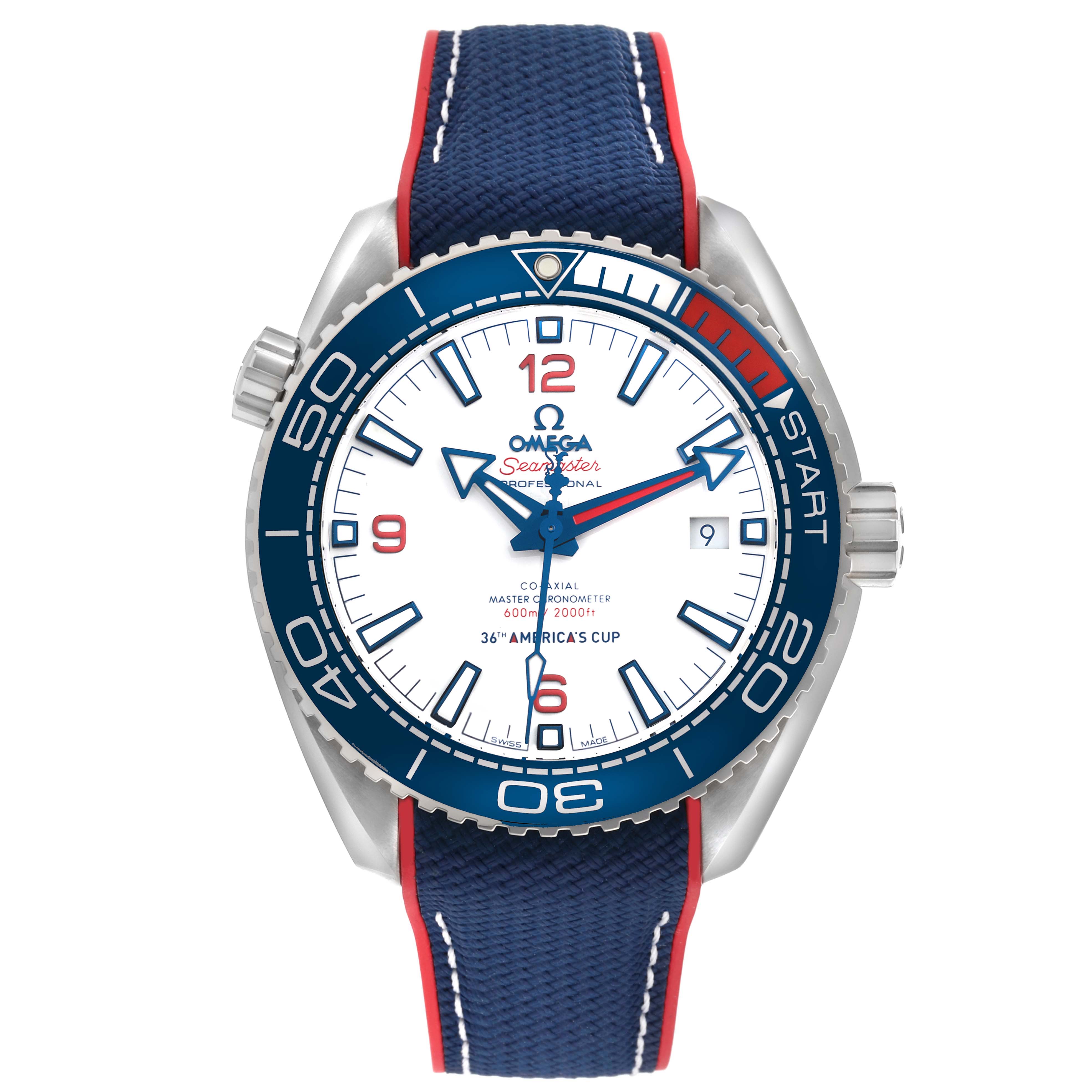 The Omega Planet Ocean 215.32.43.21.04.001 Men's Stainless Steel White Dial 215.32.43.21.04.001 Men's Stainless Steel White Dial watch is shown from the front, displaying its dial, bezel, case, and strap.