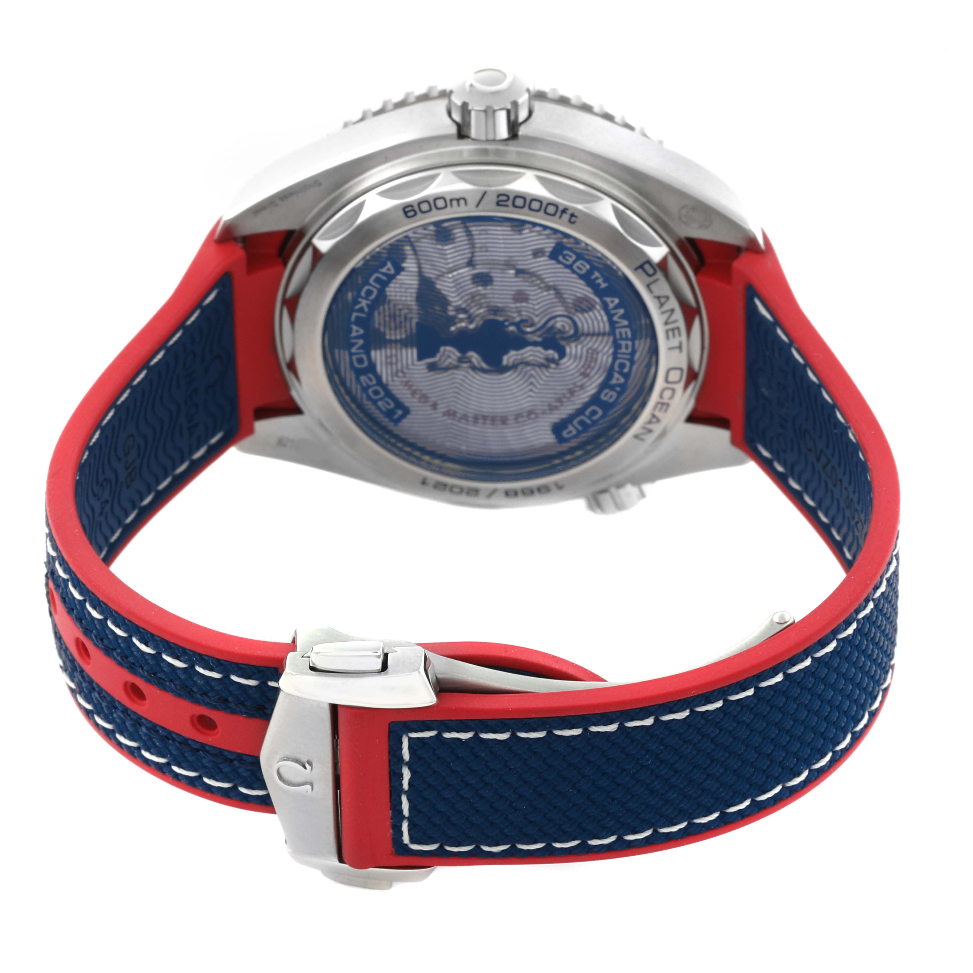 The Omega Planet Ocean 215.32.43.21.04.001 Men's Stainless Steel White Dial 215.32.43.21.04.001 Men's Stainless Steel White Dial watch is shown from the back, highlighting its case back and strap in blue and red.