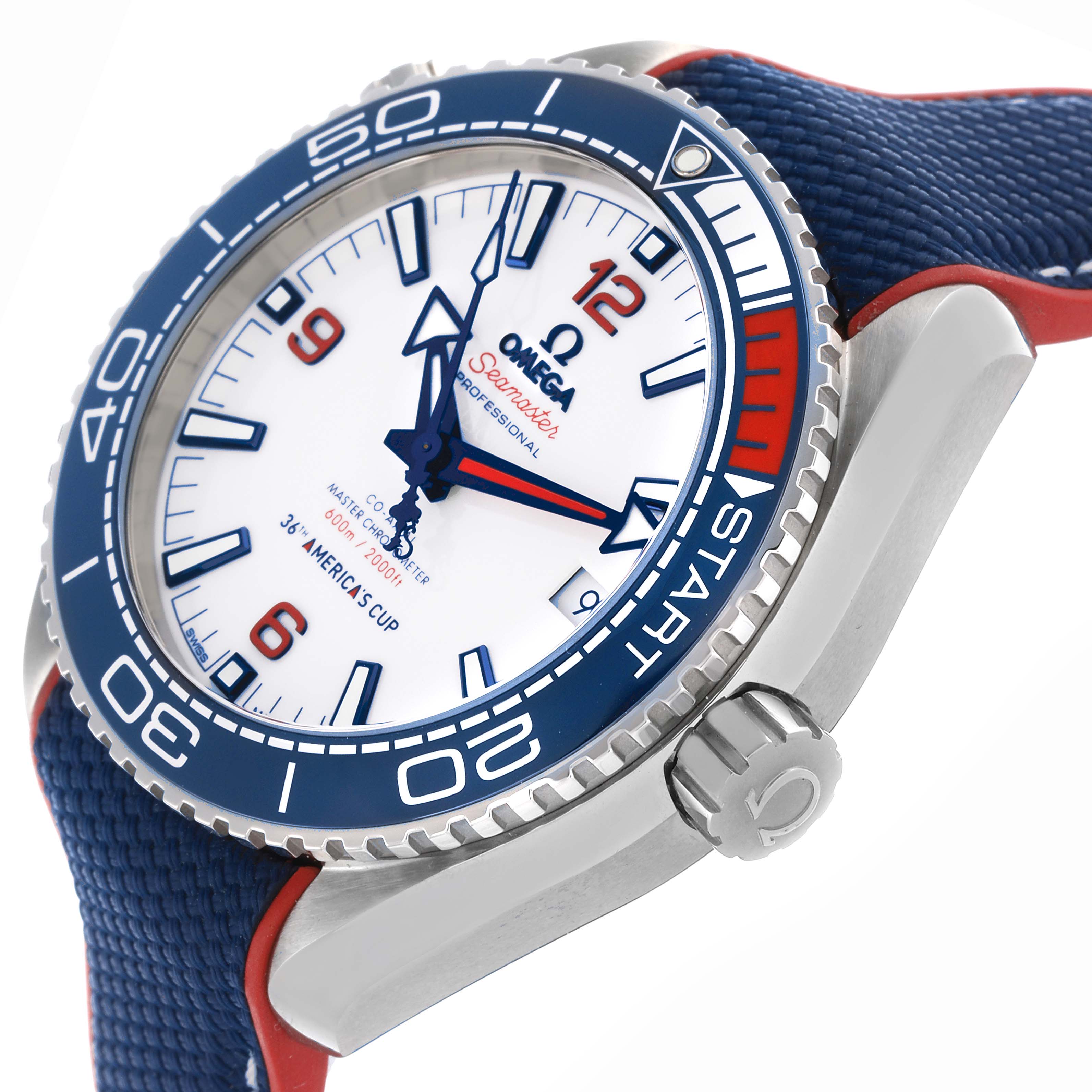 The Omega Planet Ocean 215.32.43.21.04.001 Men's Stainless Steel White Dial 215.32.43.21.04.001 Men's Stainless Steel White Dial watch is shown from a side angle, highlighting the bezel, dial, and crown.