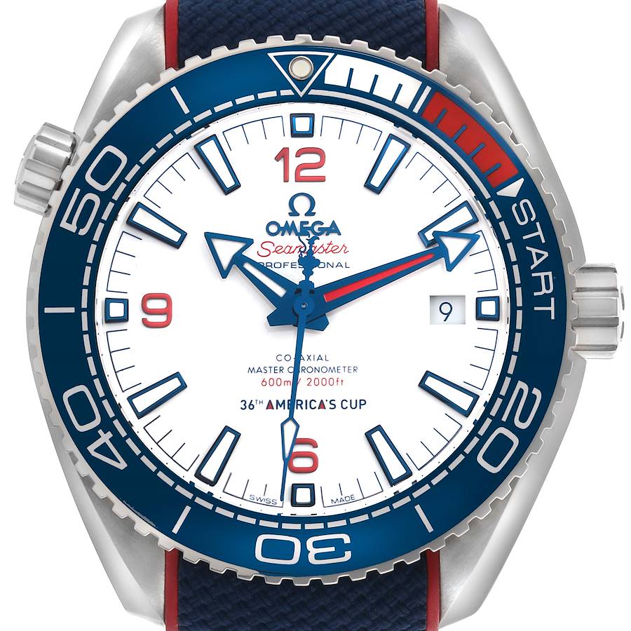 The image shows a front view of the Omega Planet Ocean watch, highlighting the dial, bezel, and hands.