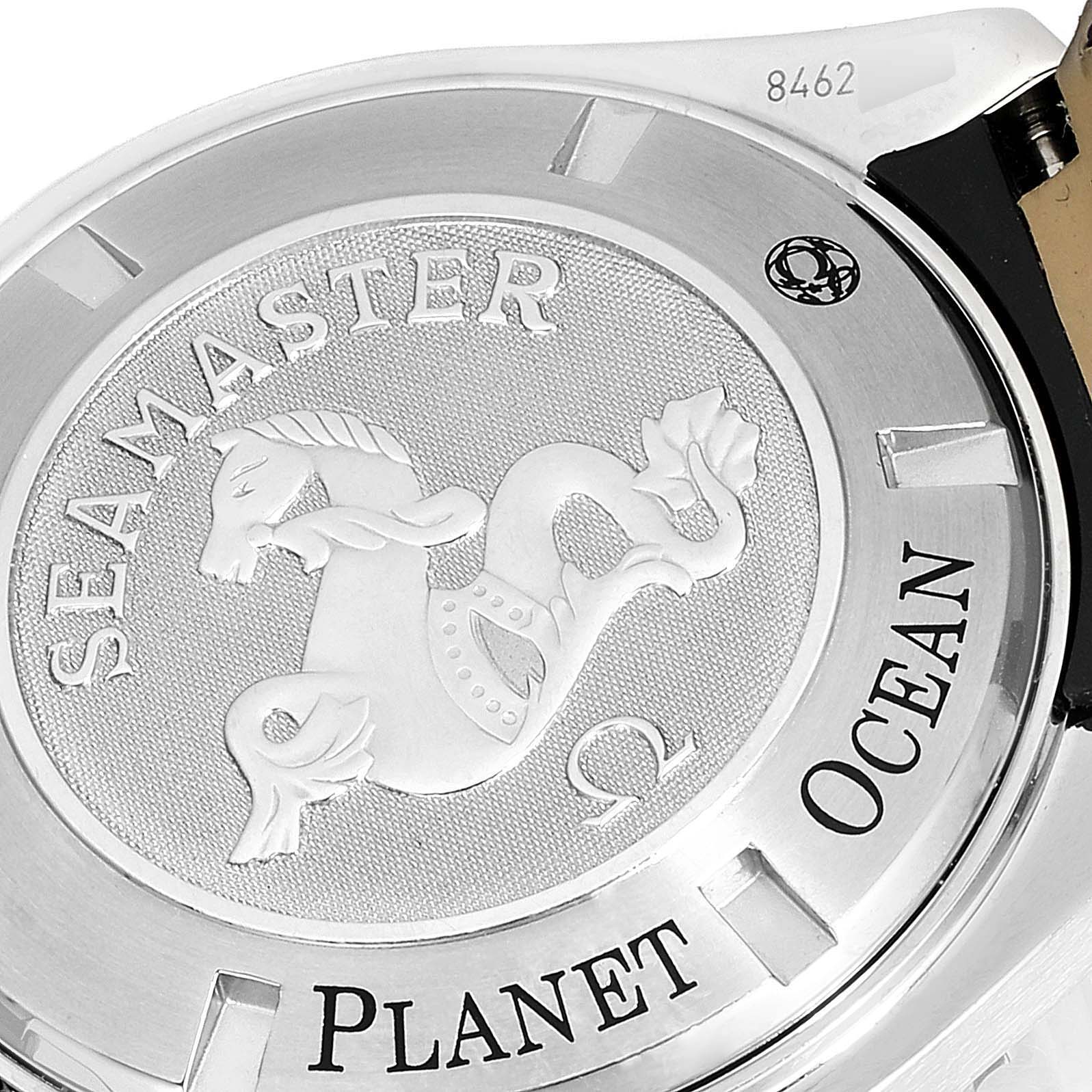The image shows the case back of an Omega Seamaster Planet Ocean watch, featuring its emblem and branding.