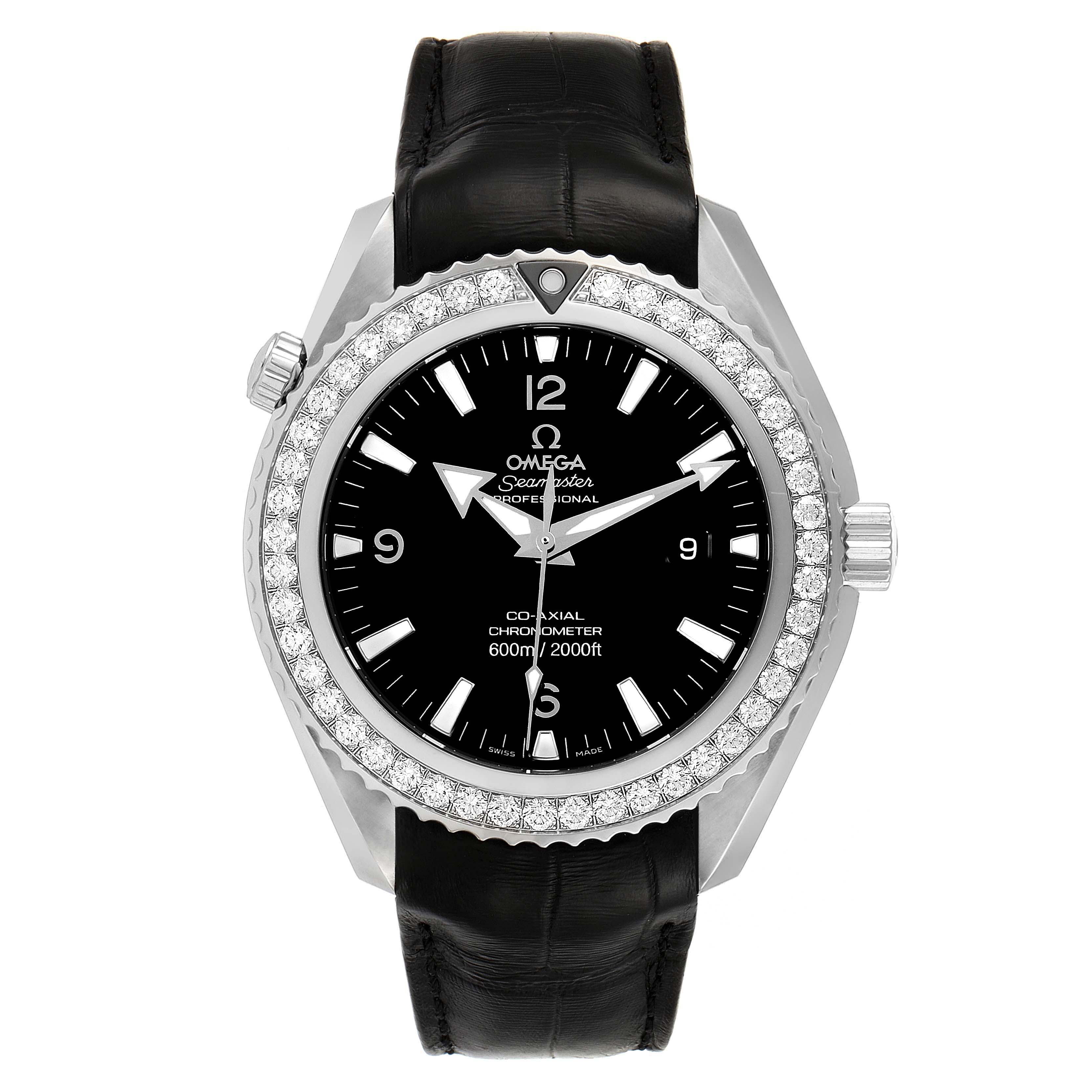 The Omega Planet Ocean 222.18.46.20.01.001 Men's Stainless Steel Black Dial 222.18.46.20.01.001 Men's Stainless Steel Black Dial watch is shown from the front, highlighting the bezel, black dial, and leather strap.