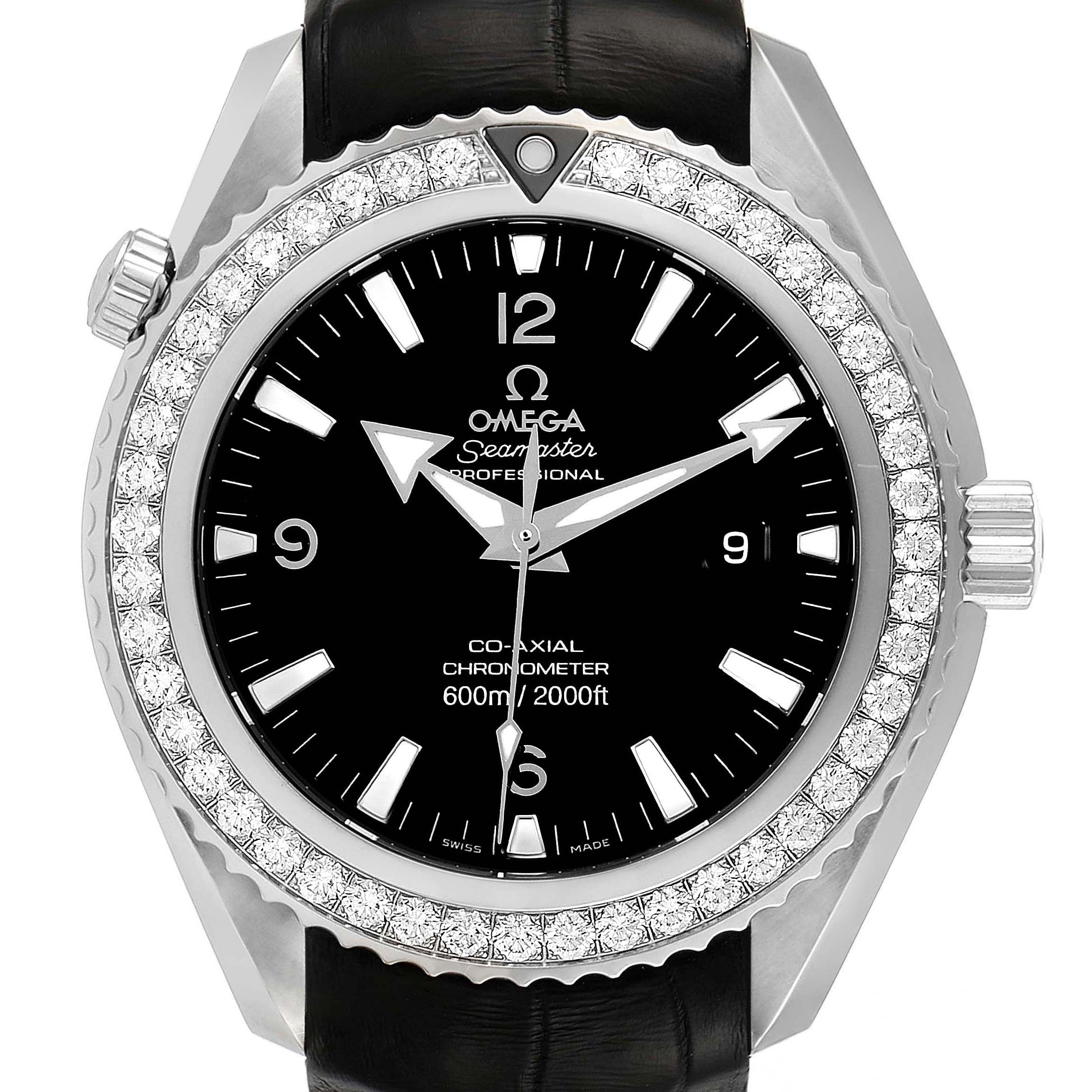The image shows a front view of the Omega Planet Ocean 222.18.46.20.01.001 Men's Stainless Steel Black Dial 222.18.46.20.01.001 Men's Stainless Steel Black Dial watch, highlighting its bezel, dial, and crown.