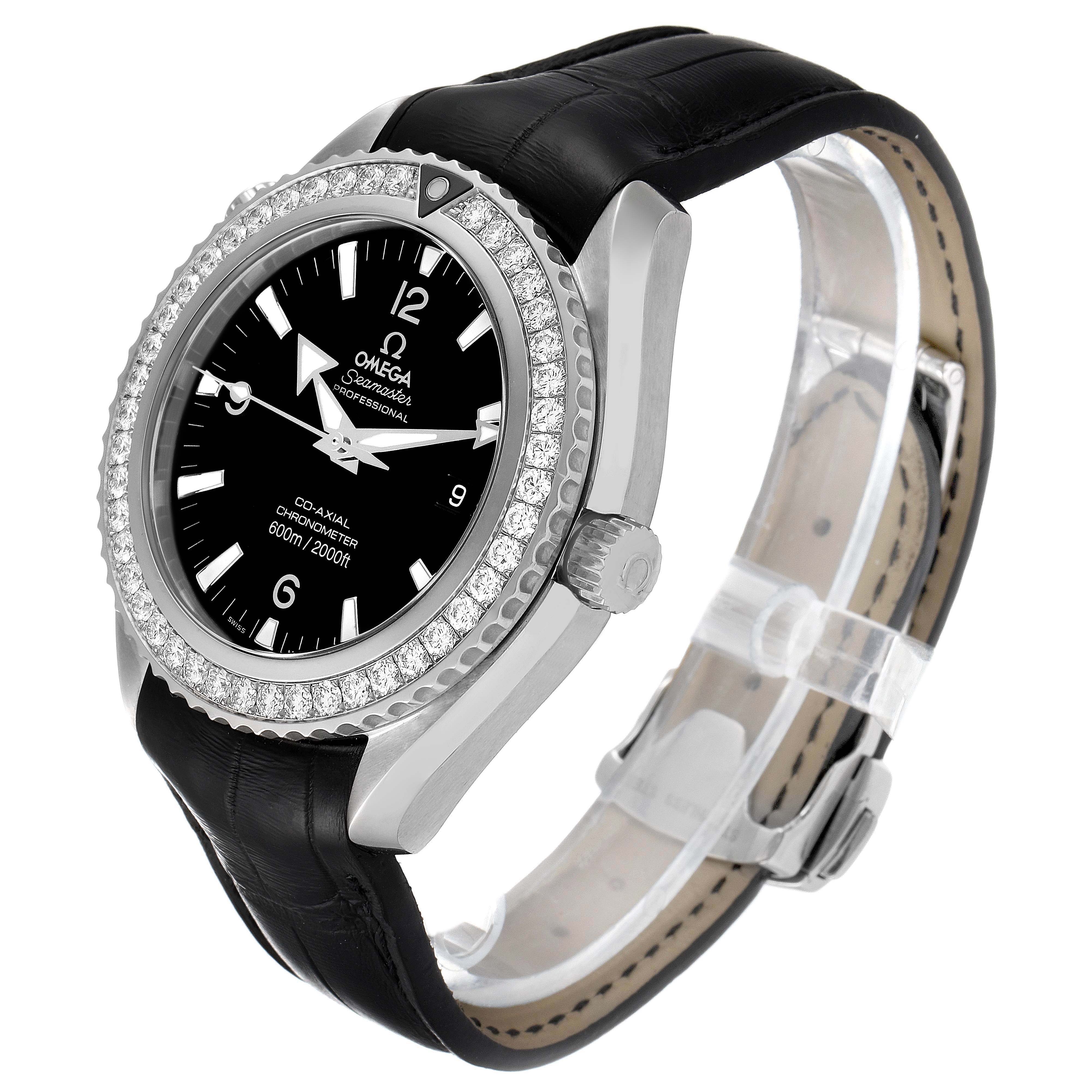 The image shows a side and front angle of the Omega Planet Ocean 222.18.46.20.01.001 Men's Stainless Steel Black Dial 222.18.46.20.01.001 Men's Stainless Steel Black Dial watch, highlighting its bezel, black dial, and leather strap.