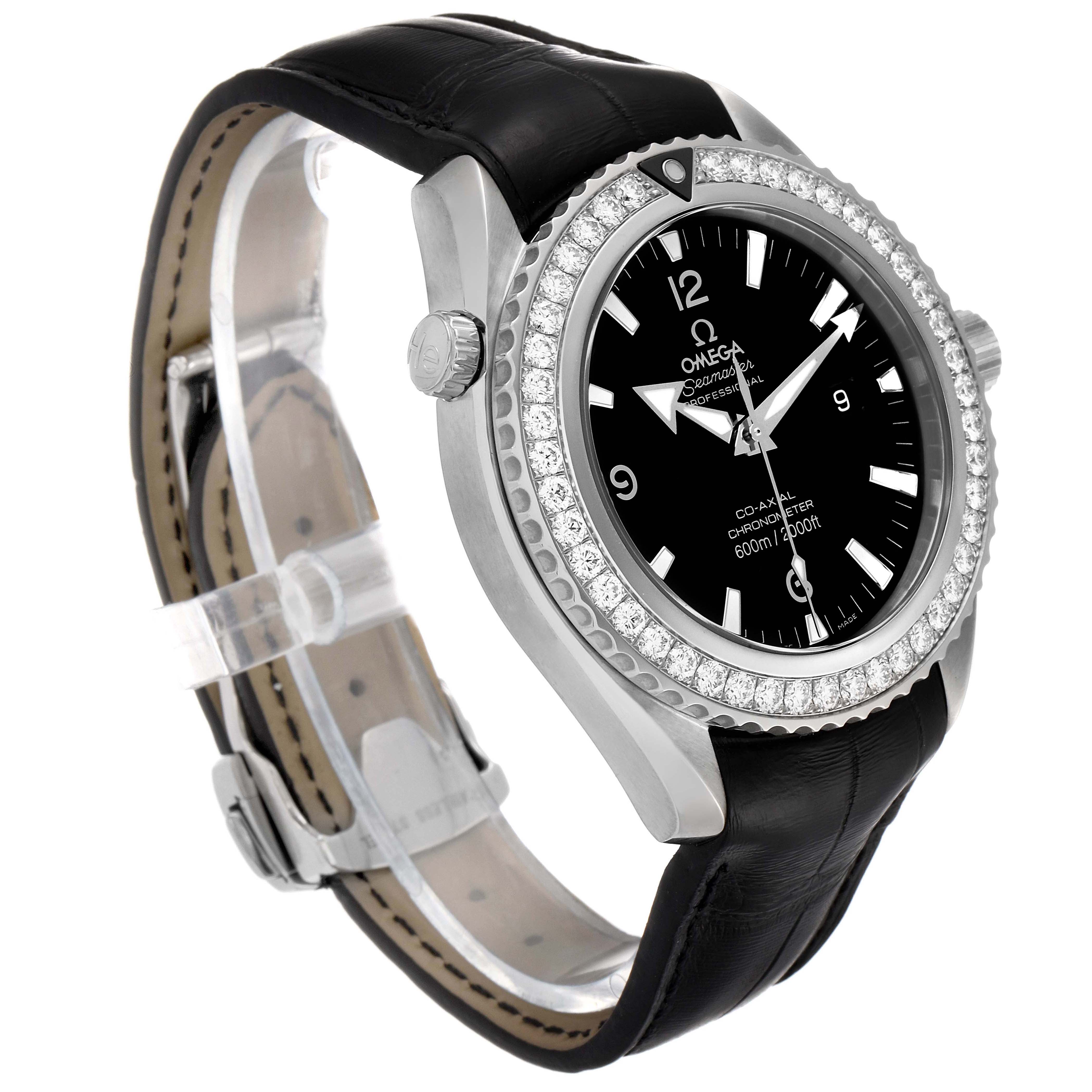 The Omega Planet Ocean 222.18.46.20.01.001 Men's Stainless Steel Black Dial 222.18.46.20.01.001 Men's Stainless Steel Black Dial model watch is shown at a 3/4 angle, displaying the face, bezel, crown, and leather strap.