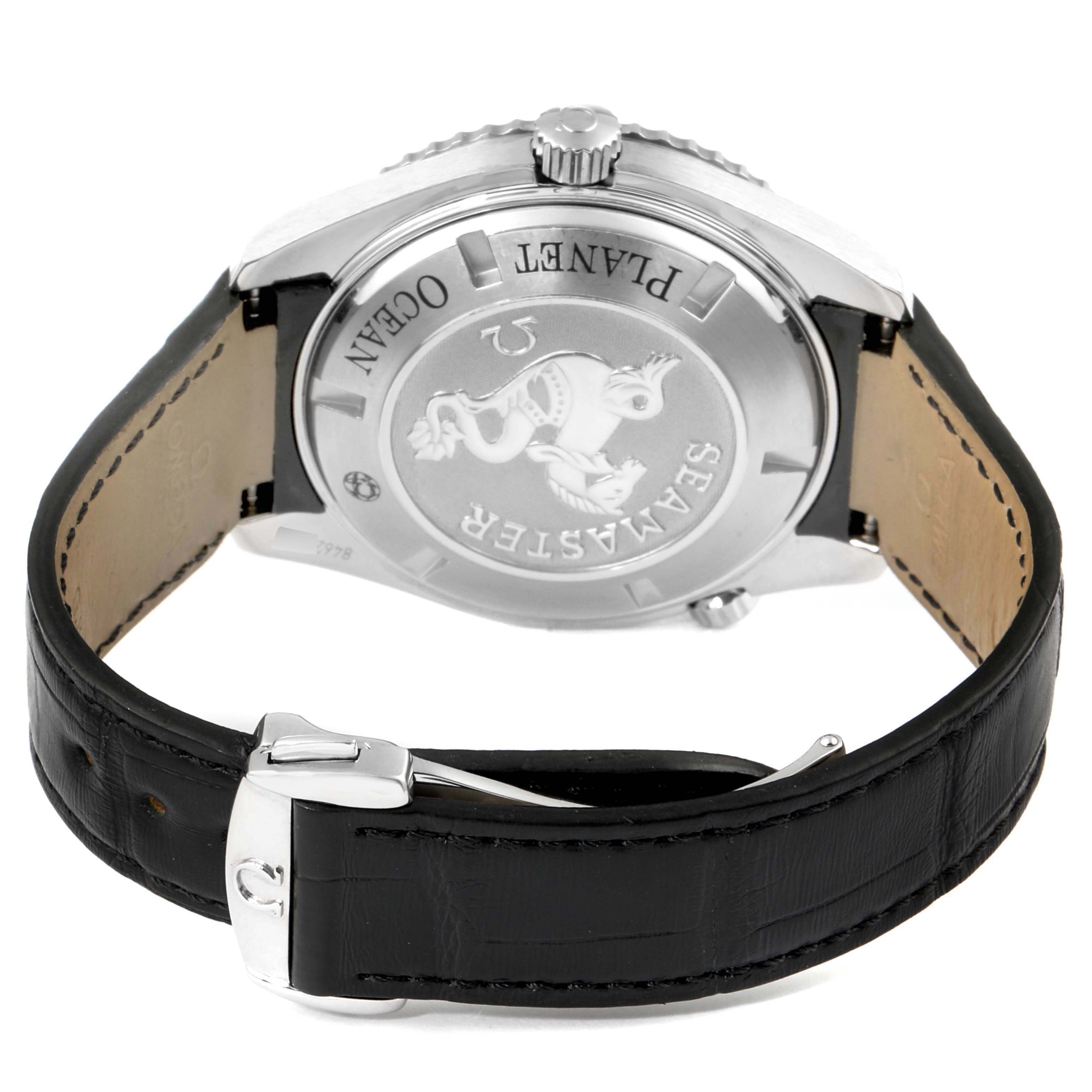 The image shows the back and clasp of an Omega Planet Ocean 222.18.46.20.01.001 Men's Stainless Steel Black Dial 222.18.46.20.01.001 Men's Stainless Steel Black Dial watch, highlighting the case back and leather strap.