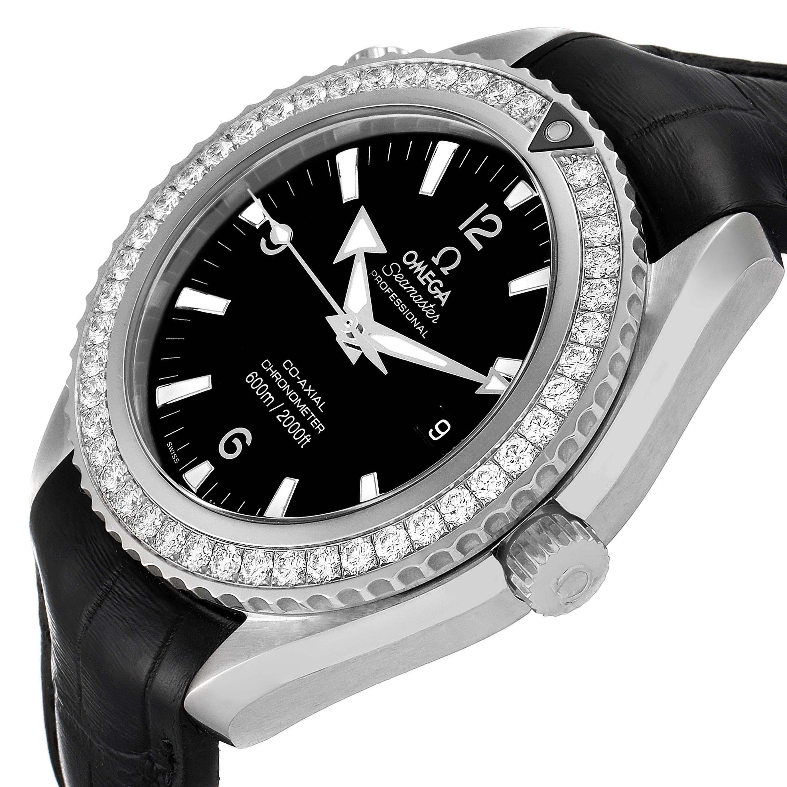 The image shows an angled view of the Omega Planet Ocean 222.18.46.20.01.001 Men's Stainless Steel Black Dial 222.18.46.20.01.001 Men's Stainless Steel Black Dial watch, displaying its face, bezel, crown, and partially its strap.