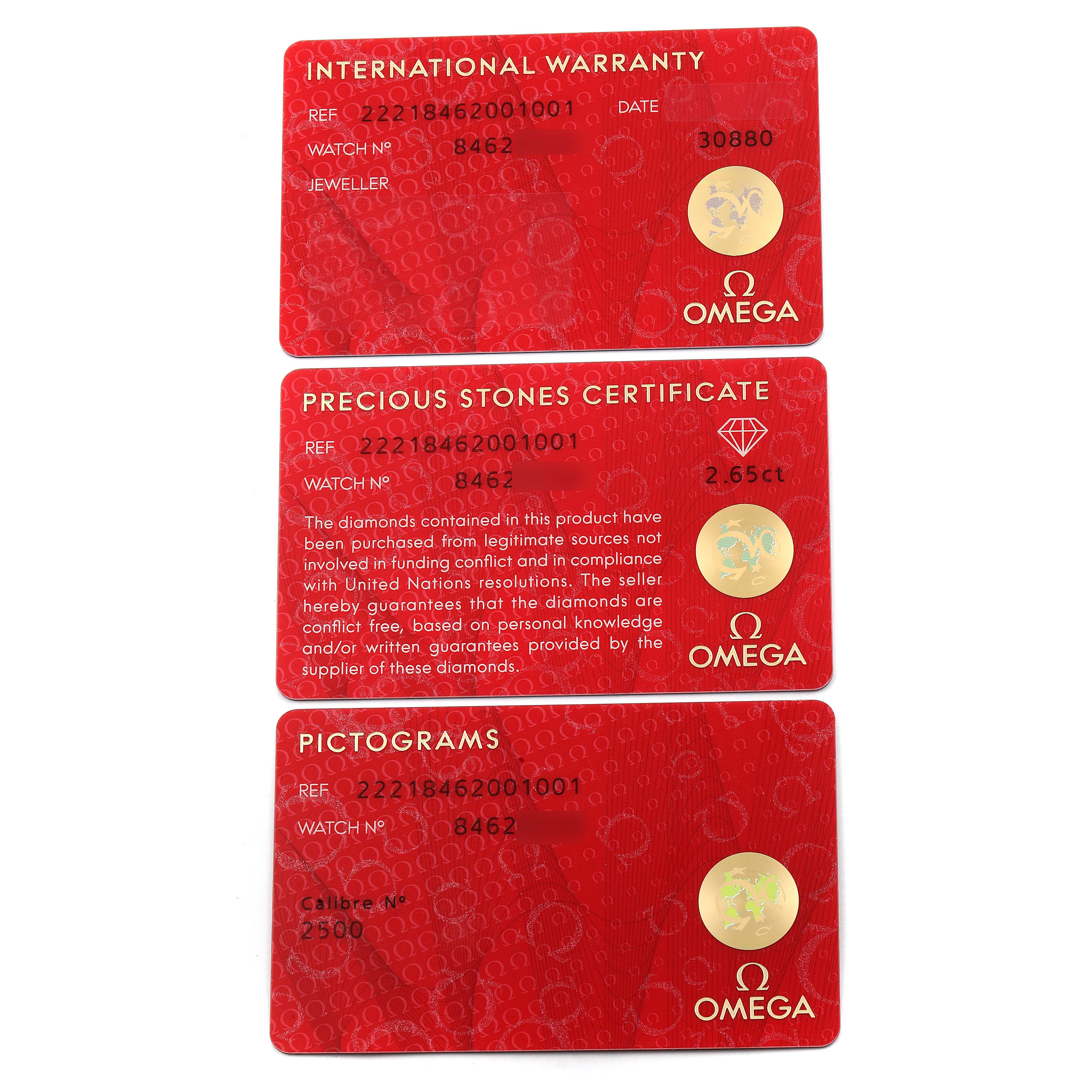 The image shows three Omega Planet Ocean 222.18.46.20.01.001 Men's Stainless Steel Black Dial 222.18.46.20.01.001 Men's Stainless Steel Black Dial watch cards: International Warranty, Precious Stones Certificate, and Pictograms.