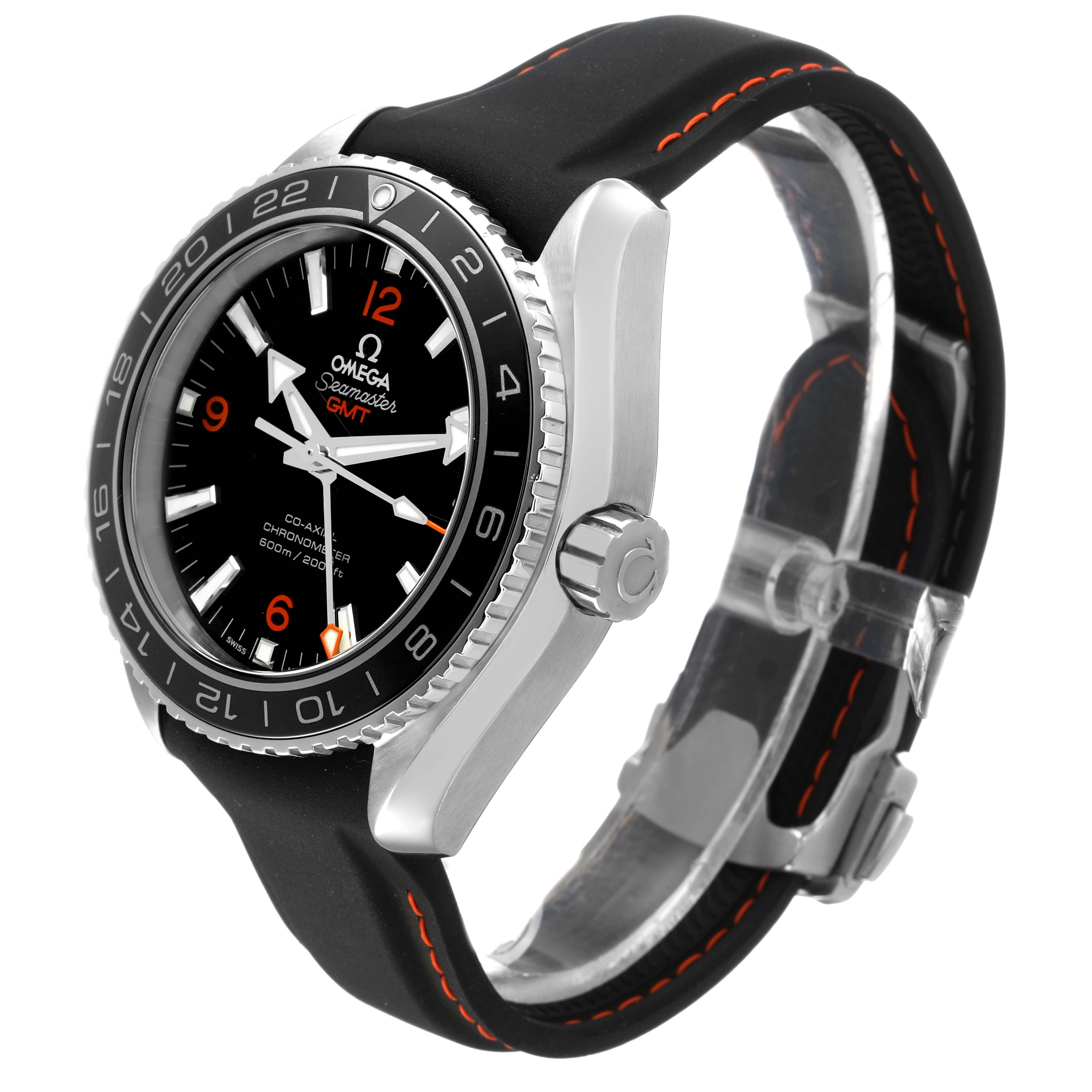 The image shows a side view of the Omega Planet Ocean 232.32.44.22.01.002 Men's Stainless Steel Black Dial watch, highlighting the bezel, case, and strap with visible crown.