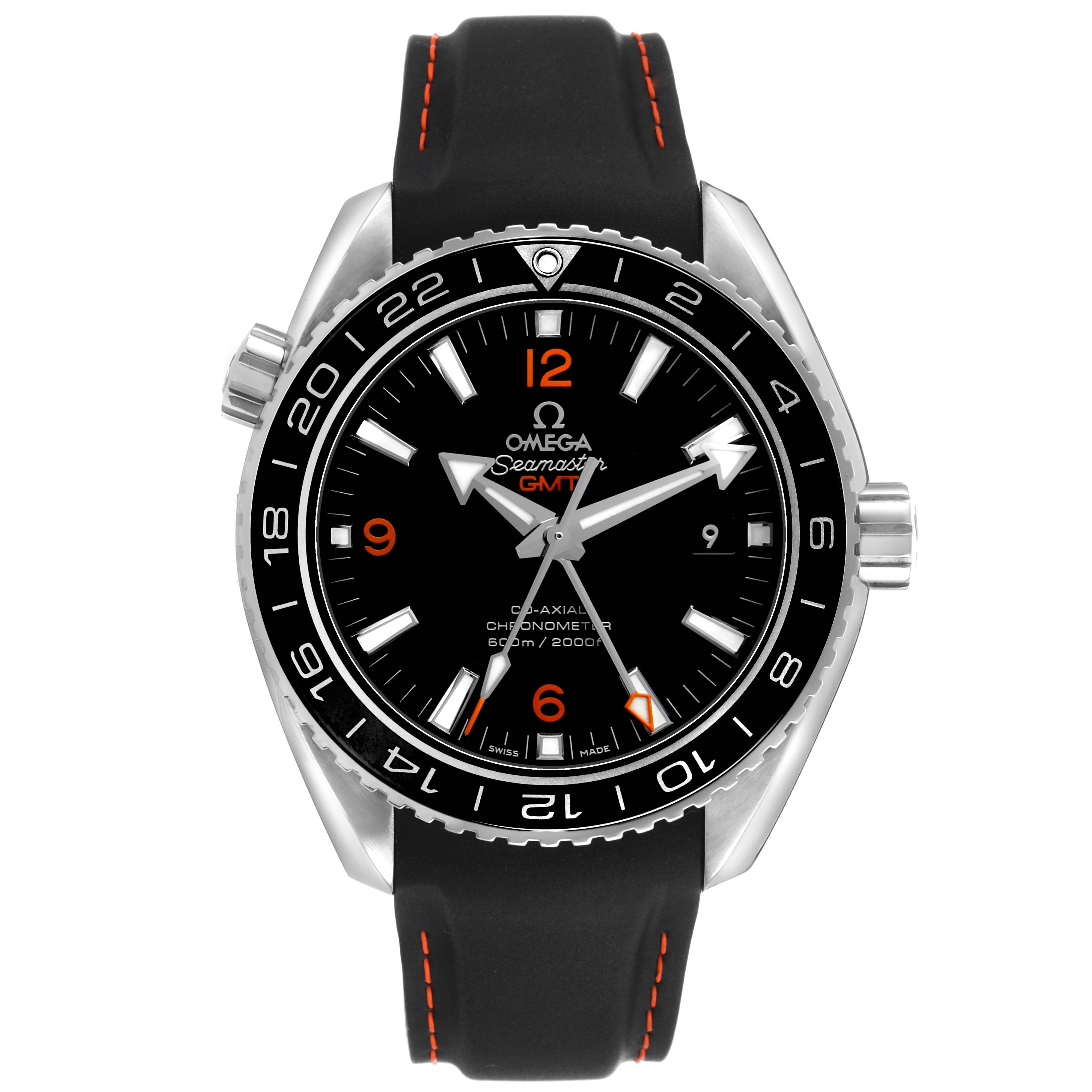 The Omega Planet Ocean 232.32.44.22.01.002 Men's Stainless Steel Black Dial watch is shown from the front, highlighting its face, bezel, and strap in detail.