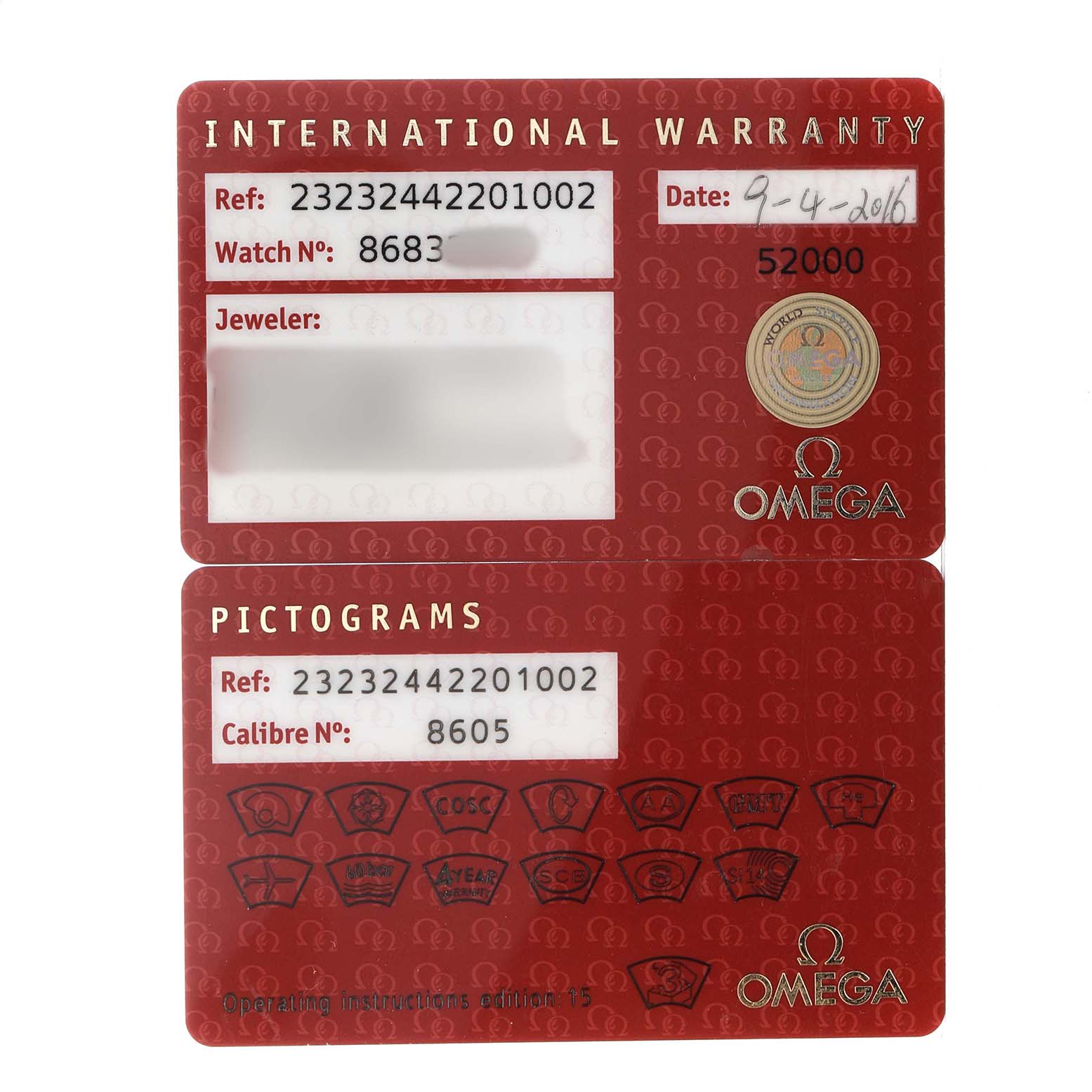 The image shows warranty and pictogram cards for the Omega Planet Ocean 232.32.44.22.01.002 Men's Stainless Steel Black Dial watch model.