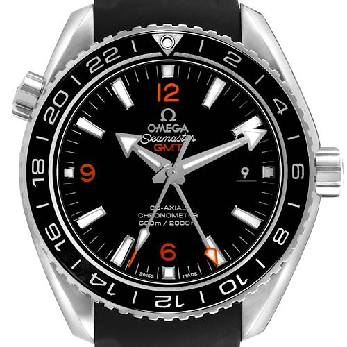 The image shows a frontal view of the Omega Planet Ocean 232.32.44.22.01.002 Men's Stainless Steel Black Dial watch, highlighting the dial, bezel, hands, and crown.