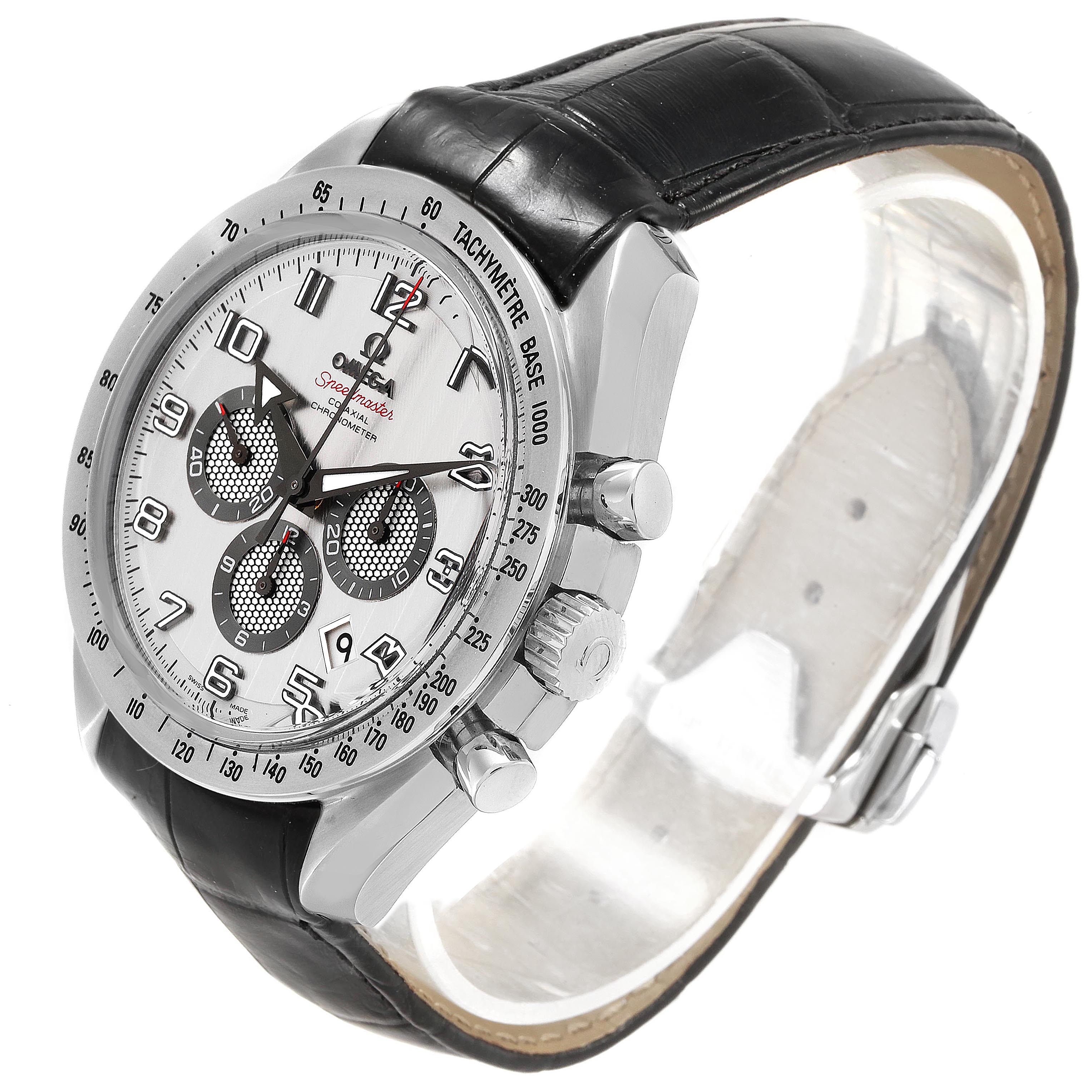 The image shows an Omega Speedmaster 321.13.44.50.02.001 Men's Stainless Steel Silver Dial 321.13.44.50.02.001 Men's Stainless Steel Silver Dial watch at a three-quarter angle, highlighting the dial, bezel, crown, pushers, and leather strap.