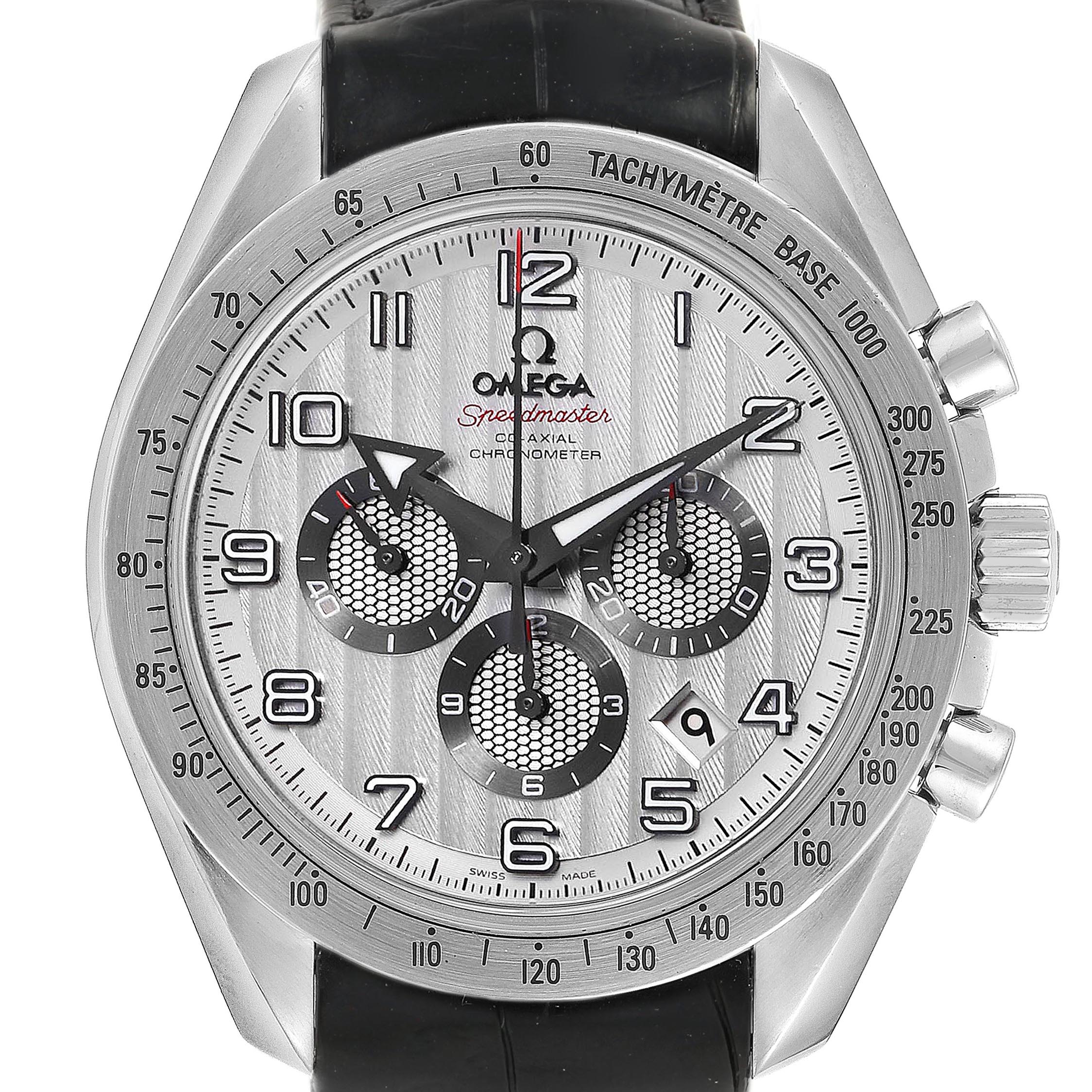 The image shows a front view of the Omega Speedmaster 321.13.44.50.02.001 Men's Stainless Steel Silver Dial 321.13.44.50.02.001 Men's Stainless Steel Silver Dial watch, highlighting its face, bezel, and chronograph subdials.