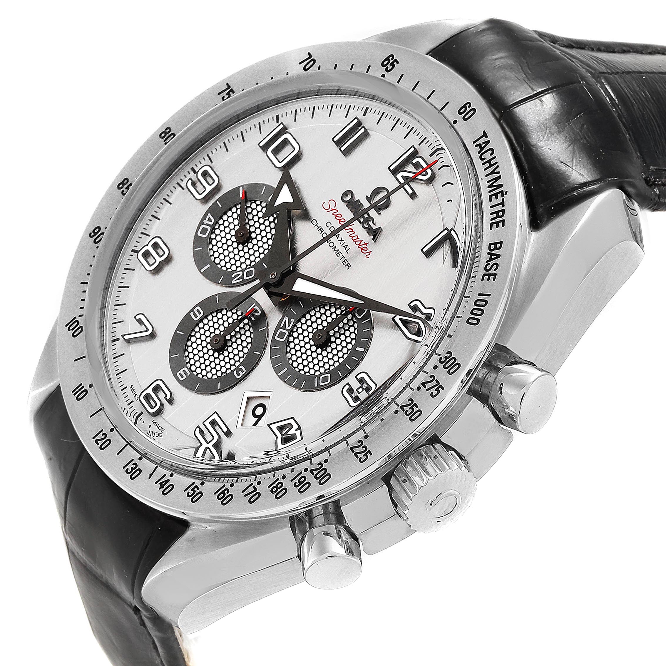 The photo shows an angled view of an Omega Speedmaster 321.13.44.50.02.001 Men's Stainless Steel Silver Dial 321.13.44.50.02.001 Men's Stainless Steel Silver Dial watch with a tachymeter, date window, chronograph dials, and a black leather strap.