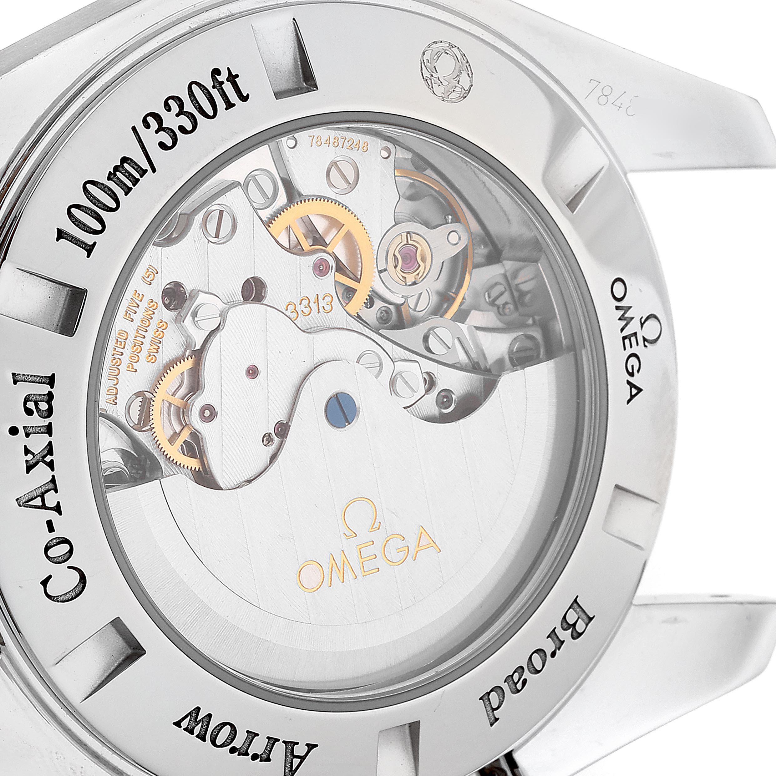 This image shows the caseback and intricate internal movements of an Omega Speedmaster 321.13.44.50.02.001 Men's Stainless Steel Silver Dial 321.13.44.50.02.001 Men's Stainless Steel Silver Dial watch.