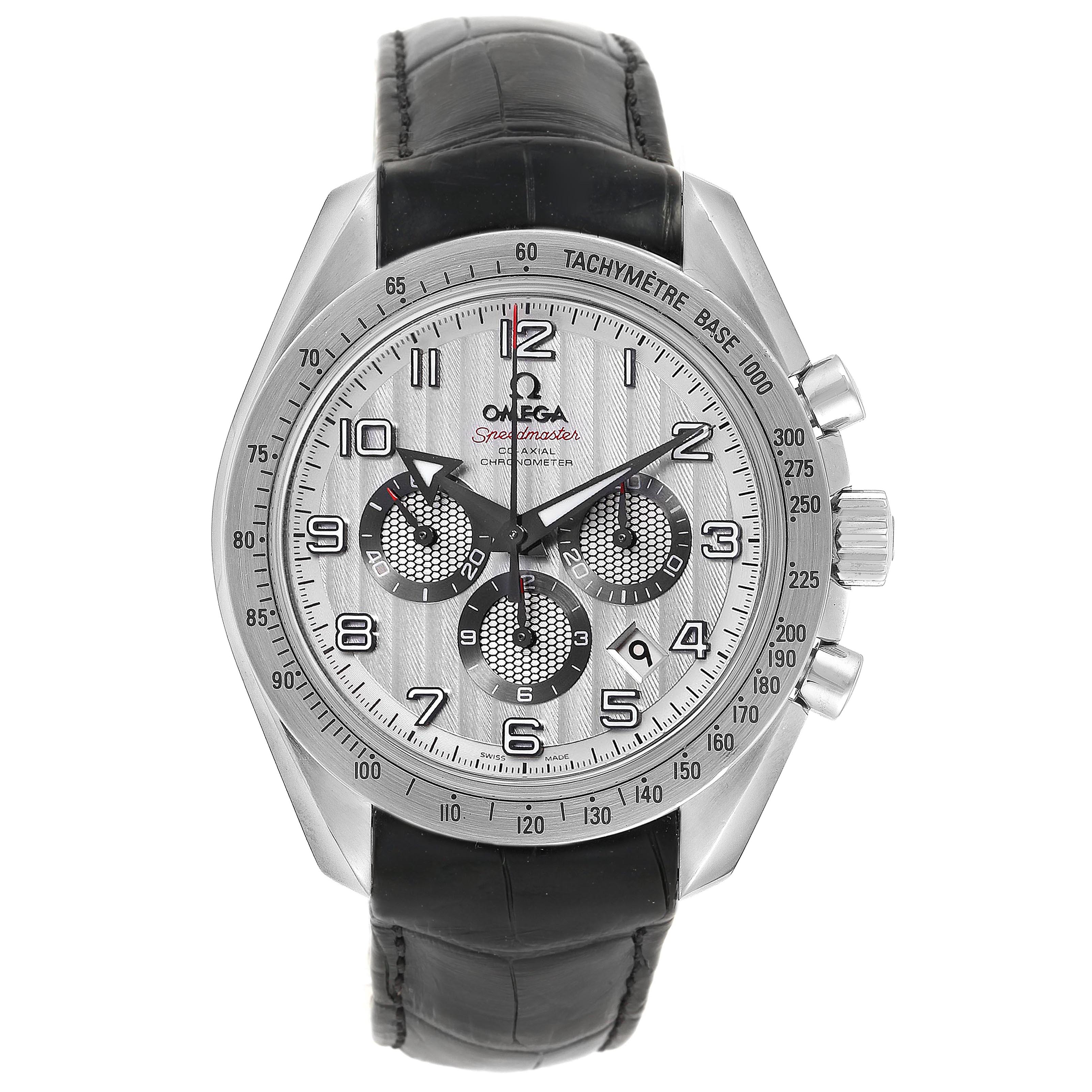 The image shows a front view of the Omega Speedmaster 321.13.44.50.02.001 Men's Stainless Steel Silver Dial 321.13.44.50.02.001 Men's Stainless Steel Silver Dial watch, highlighting its face, bezel, and leather strap.