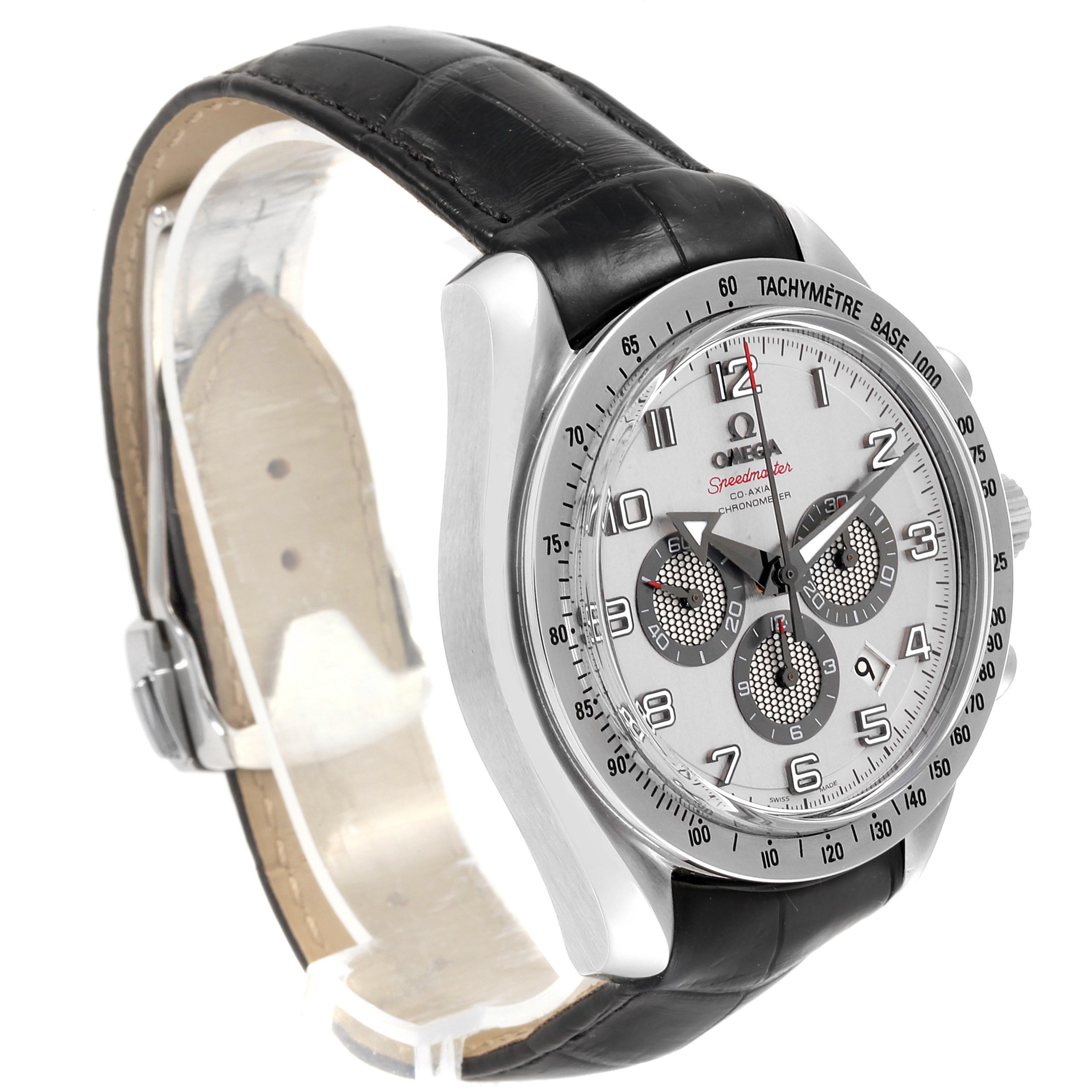 The image shows an angled view of an Omega Speedmaster 321.13.44.50.02.001 Men's Stainless Steel Silver Dial 321.13.44.50.02.001 Men's Stainless Steel Silver Dial watch, highlighting its dial, tachymeter bezel, and leather strap.