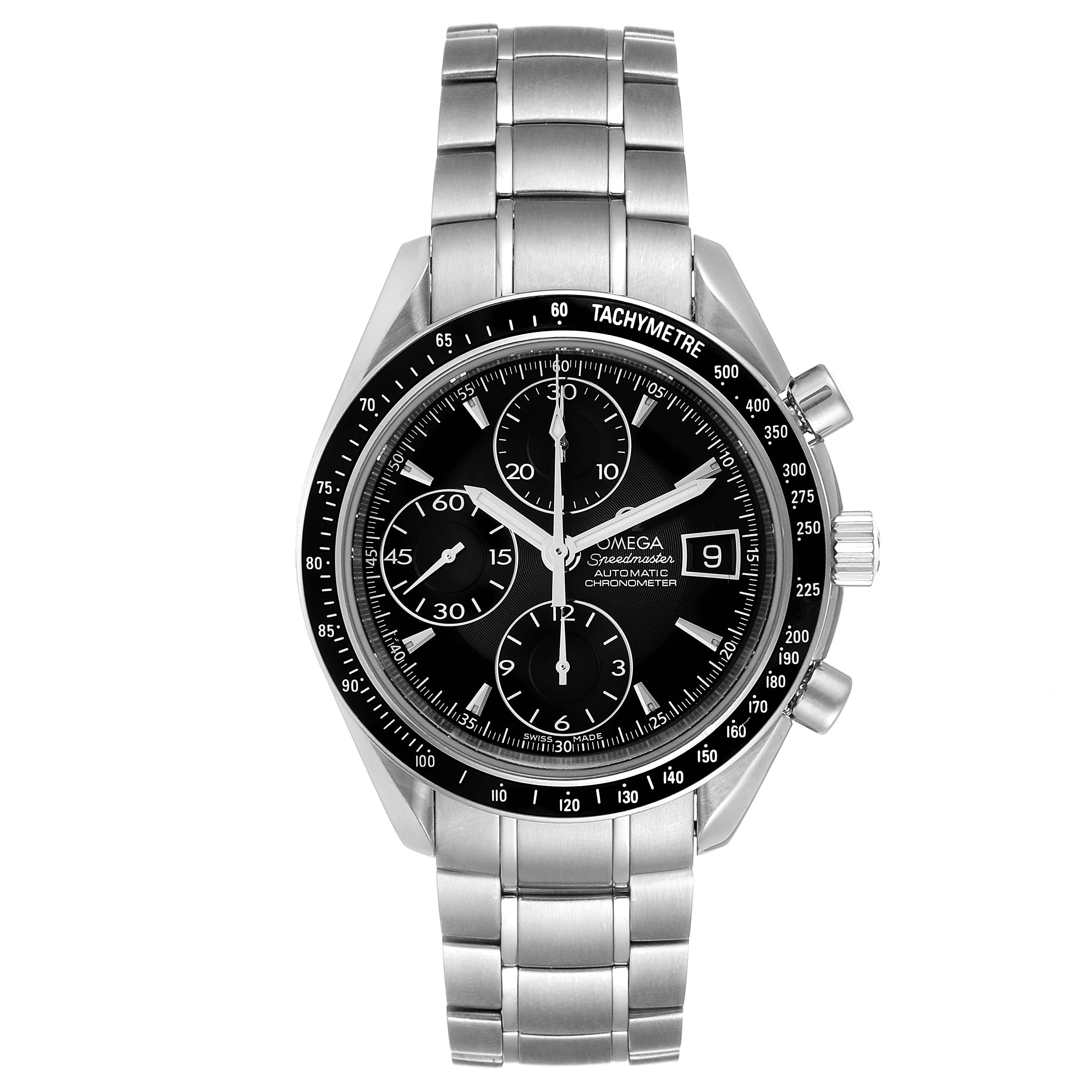 The image shows a front view of the Omega Speedmaster 3210.50.00 Men
s Stainless Steel Black Dial 3210.50.00 Men
s Stainless Steel Black Dial watch, highlighting its face, bezel, and bracelet.