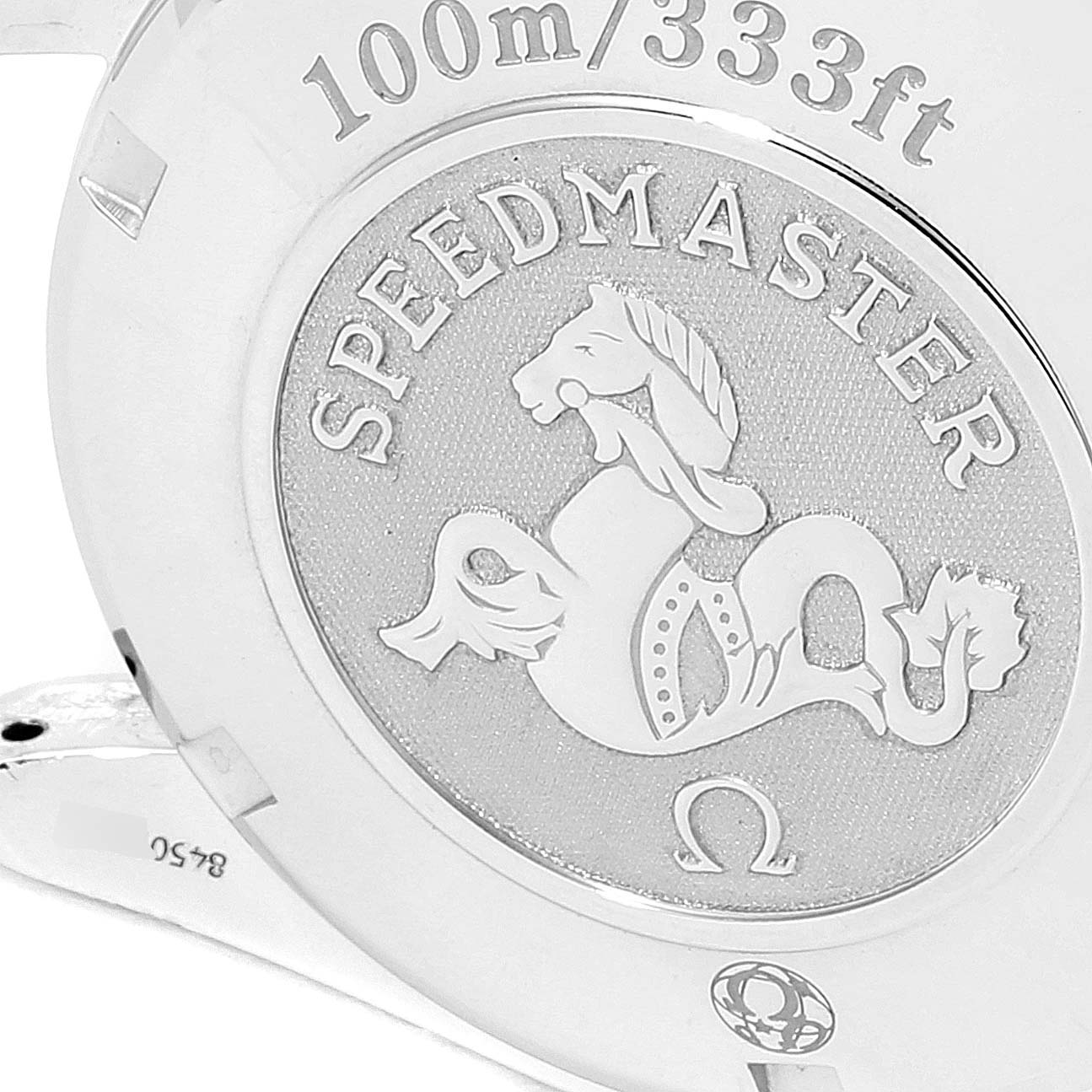 The image shows the case back of an Omega Speedmaster 3210.50.00 Men
s Stainless Steel Black Dial 3210.50.00 Men
s Stainless Steel Black Dial watch displaying the brand logo and "100m/333ft" water resistance mark.