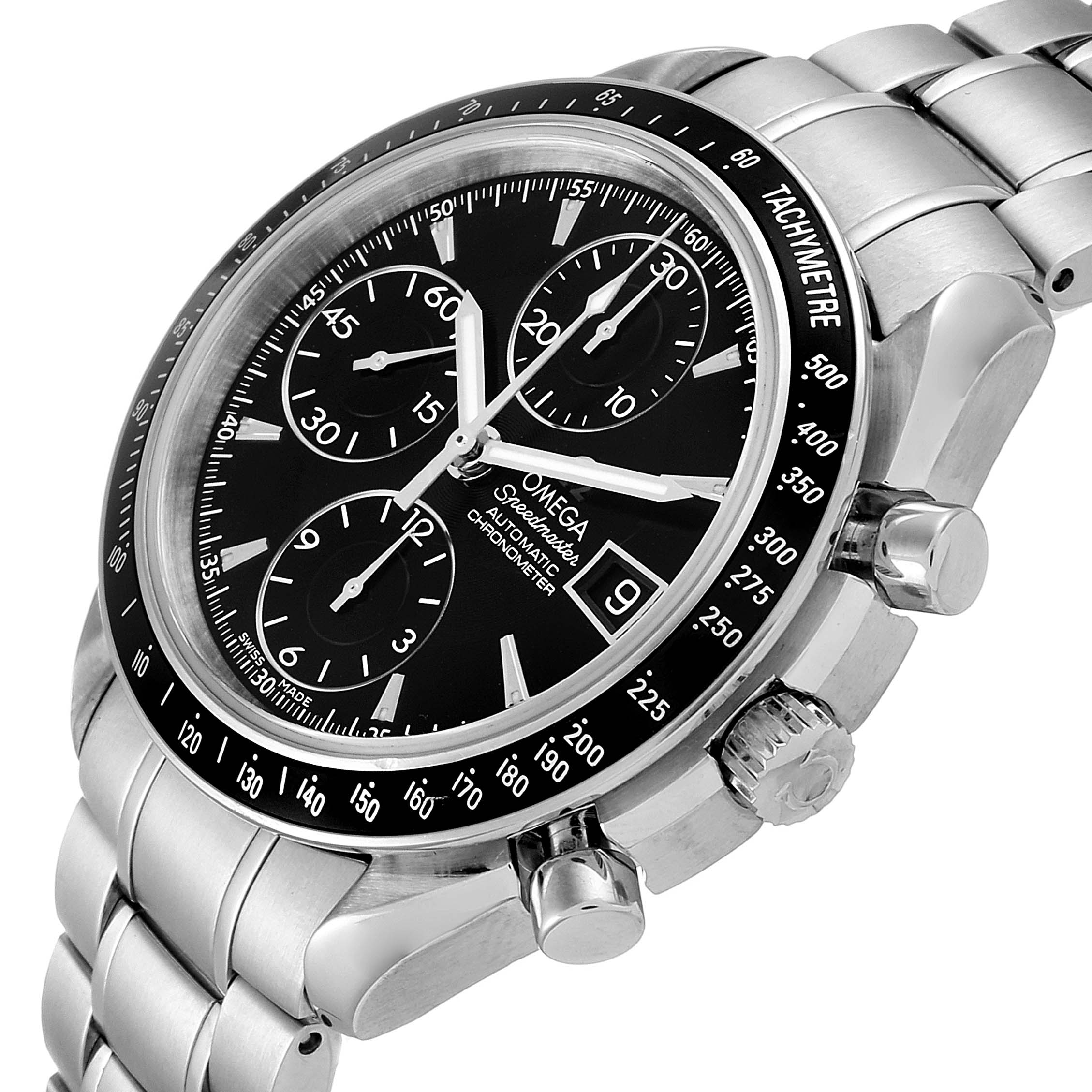 This Omega Speedmaster 3210.50.00 Men
s Stainless Steel Black Dial 3210.50.00 Men
s Stainless Steel Black Dial watch is shown from a front-side angle, highlighting its dial, tachymeter, and stainless steel bracelet.