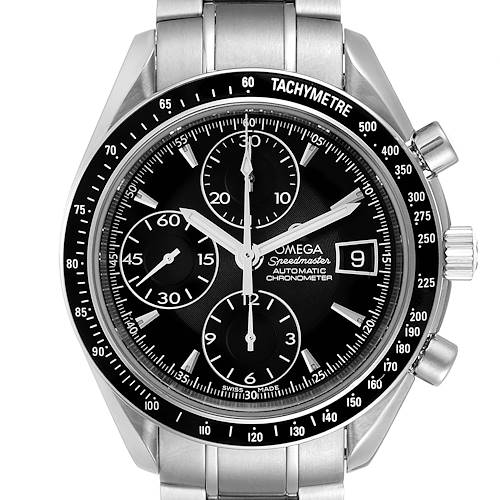 The image shows a front view of an Omega Speedmaster watch, highlighting its black dial, chronographs, tachymeter bezel, and date window.