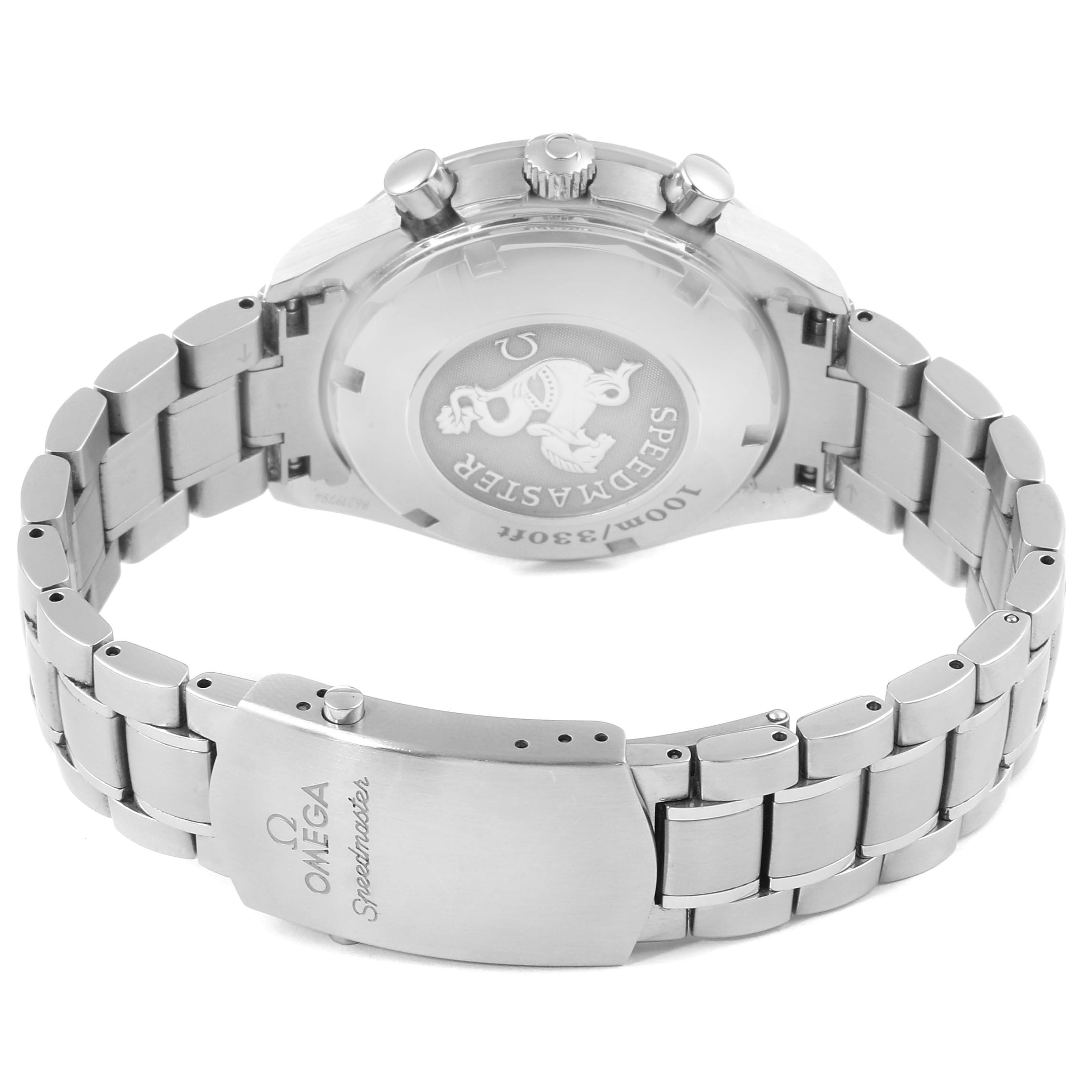 The image shows the backside of an Omega Speedmaster 3212.80.00 Men
s Stainless Steel Blue Dial 3212.80.00 Men
s Stainless Steel Blue Dial watch, depicting the clasp, bracelet, and case back.