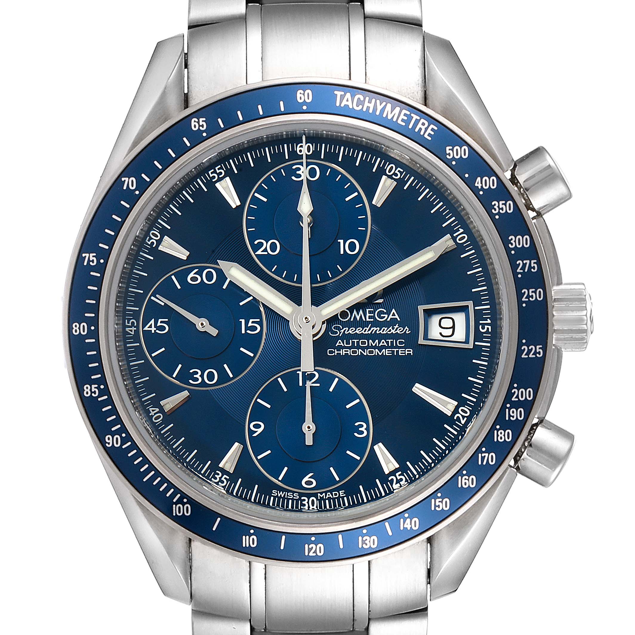 The Omega Speedmaster 3212.80.00 Men
s Stainless Steel Blue Dial 3212.80.00 Men
s Stainless Steel Blue Dial watch is shown from the front, highlighting its blue dial, three sub-dials, tachymeter bezel, and date window.