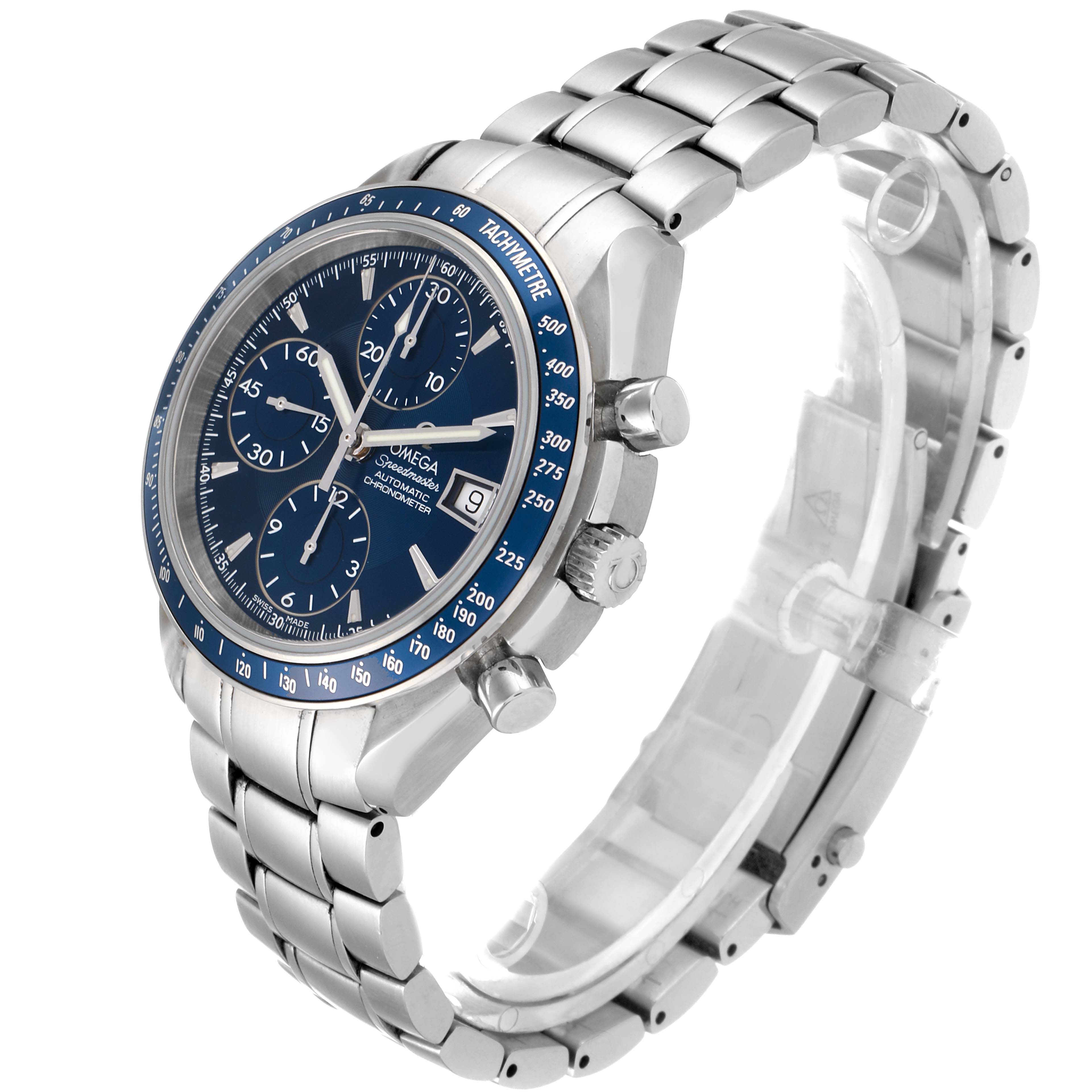 The image shows an Omega Speedmaster 3212.80.00 Men
s Stainless Steel Blue Dial 3212.80.00 Men
s Stainless Steel Blue Dial watch at a three-quarter angle, highlighting its dial, bezel, and bracelet.